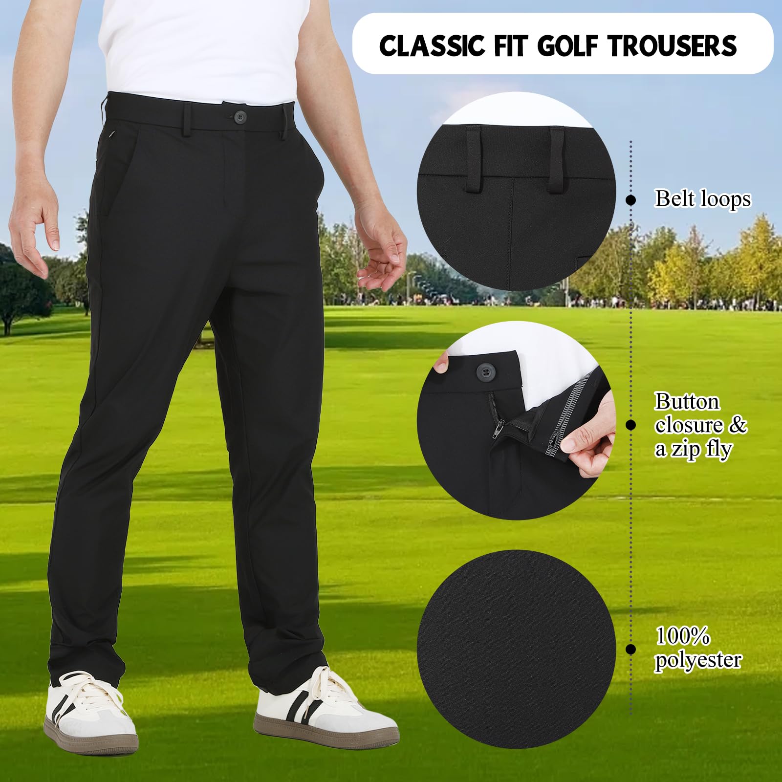 Classic Fit Golfhose für Herren, Stretch Atmungsaktiv & Schnell Trocknend mit Silikongreifer-Bund und Taschen für Optimalen Komfort auf dem Golfplatz