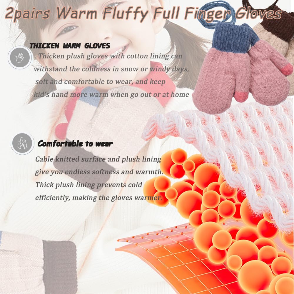 2 Paire Moufle Enfant Tricoté Gants Epais avec Corde Epais Plein-Doigts Hiver Motif Gants Moufles Toddler Enfants Gants Sport Extérieur Ski Snowboard Camping Moufles à Accrocher au Cou pour 0-3 Ans