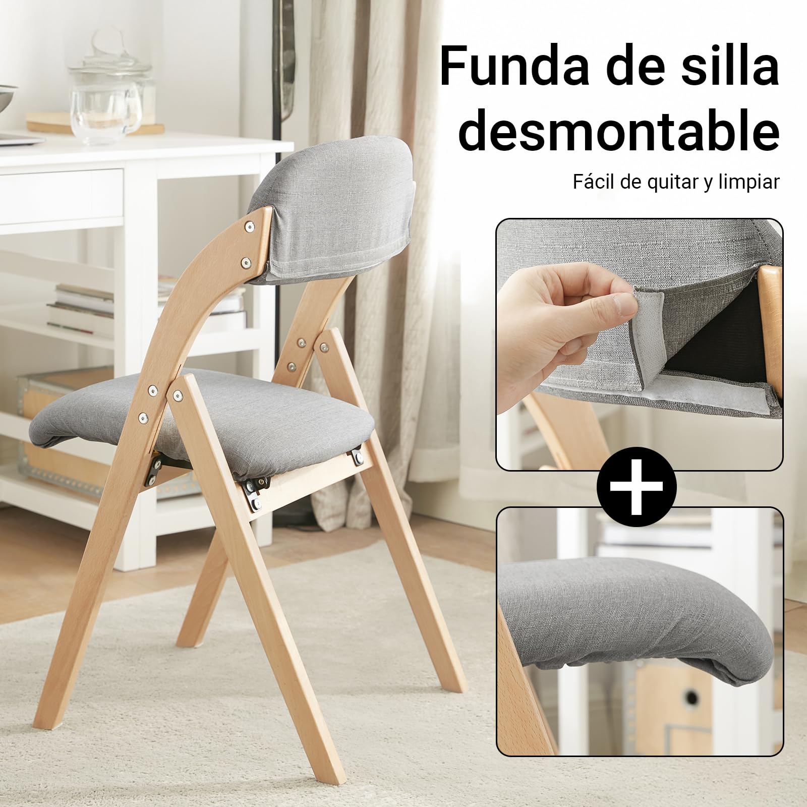 SoBuy Silla Plegable de Madera Pack de 2, Acolchada & montada, 47,5x77x59cm | Silla Plegable Interior ergonómica & plegable, funda extraíble & lavable, carga 120 kg, cocina & comedor & balcón, FST92-Nx2