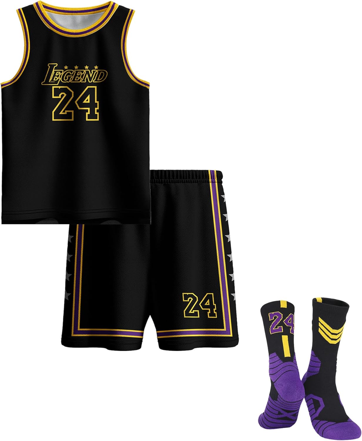 Kids Basketball Jerseys #24 Mesh Sleeveless Tank Top Shorts Socks for Boys Girls 3PC Athletic Training Uniforms