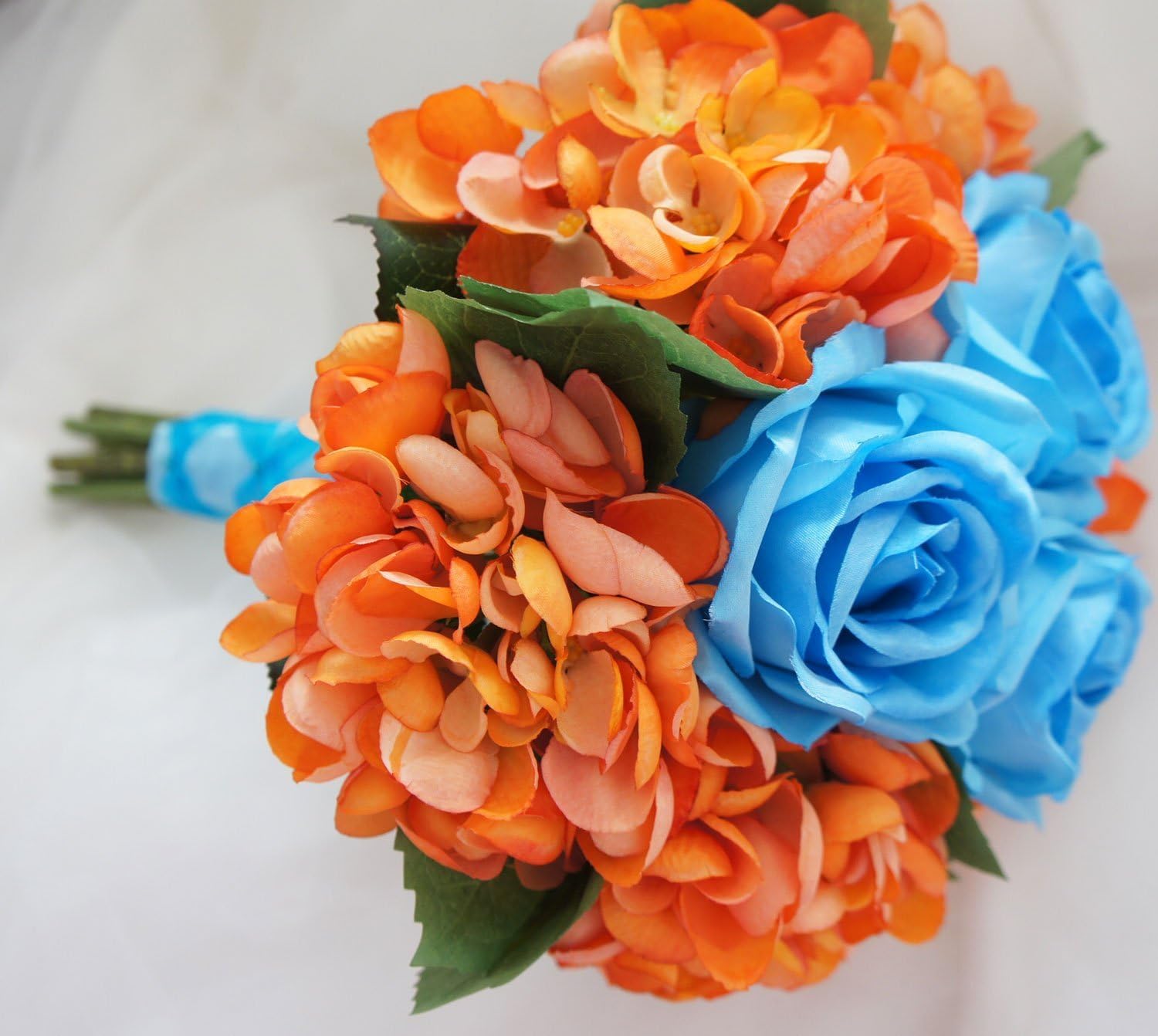 Silk Rose Hydrangea Bridal Wedding Bouquet with Ribbon (Blue&Orange)