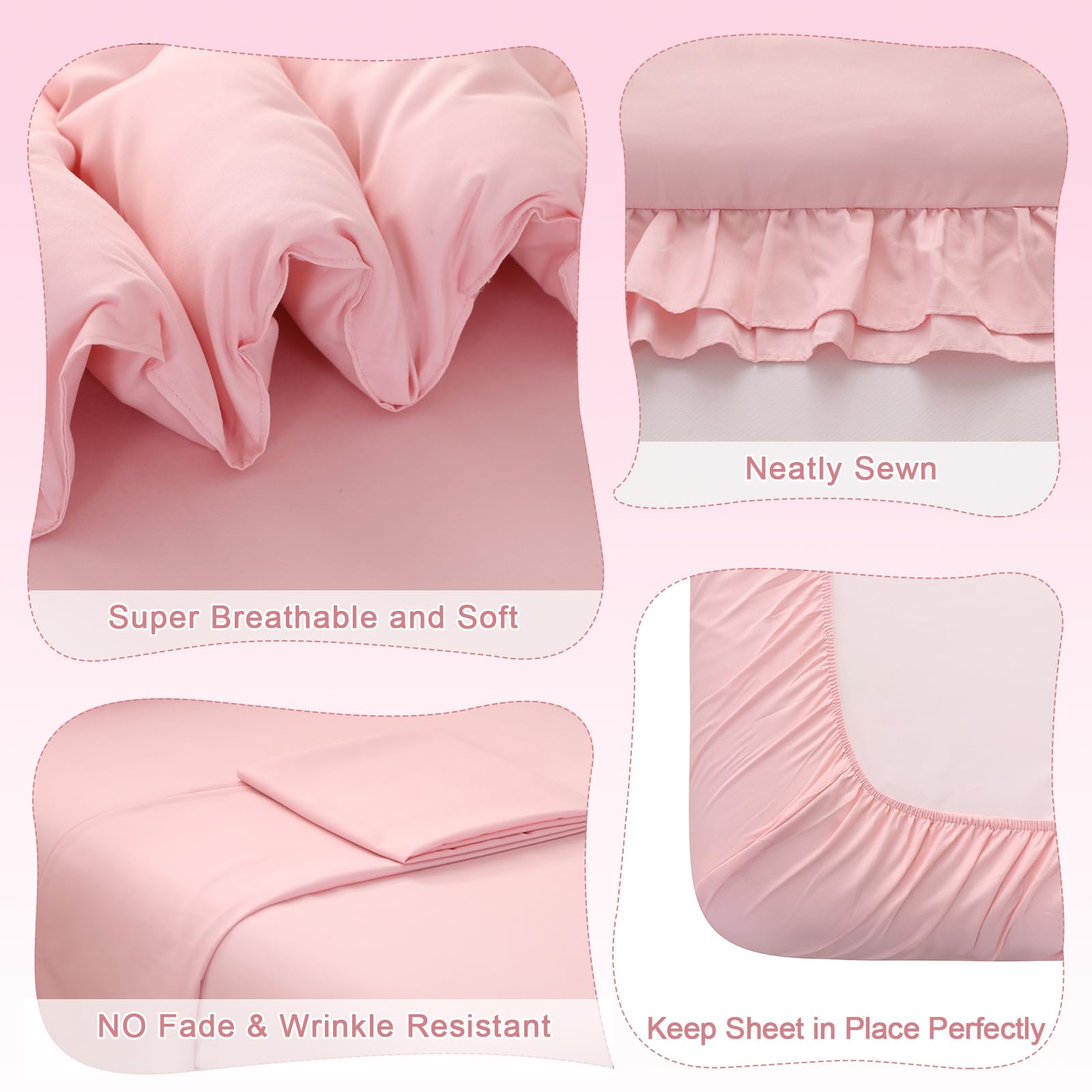 Juego de ropa de cama rosa claro, ropa de cama de 4 piezas para niñas pequeñas, edredón bohemio con diseño de volantes, juego suave y transpirable con edredón, sábana bajera, sábana encimera