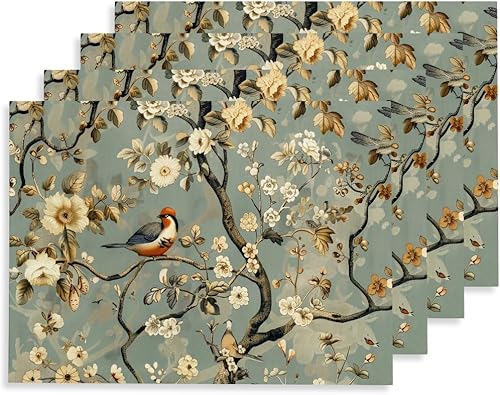 Miniatura 8 de Juego de 4 manteles individuales de 12 x 18 pulgadas, diseño de colibrí azul marino/verde, flores blancas doradas, lavables, gruesos, manteles Azul