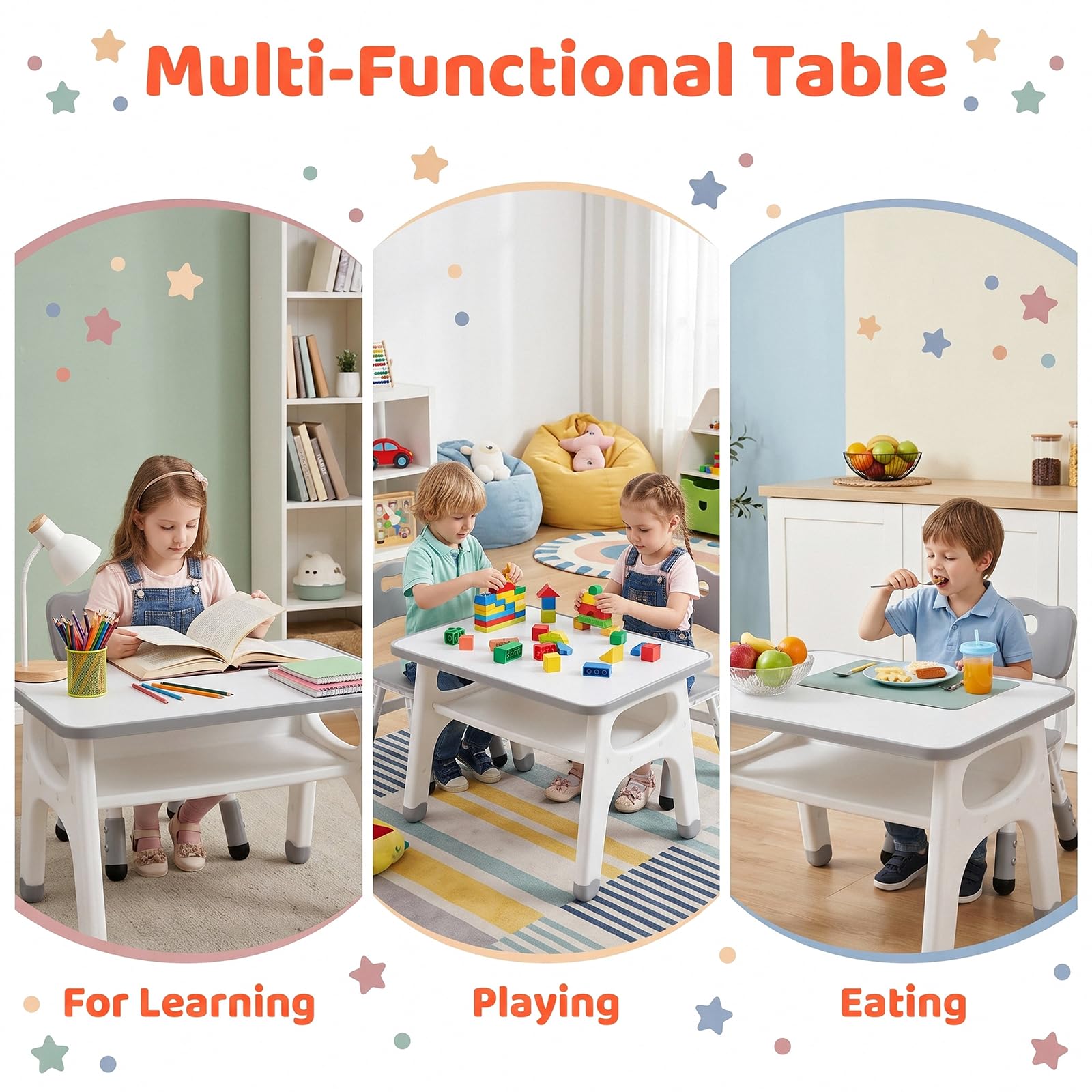 MAMIZO Kindertisch-Stuhl Set, Kindersitzgruppe mit 2 höhenverstellbaren Stühlen, Maltisch für Kinder mit bemalbarer Tischplatte & Stauraum, multifunktionaler Kinderspieltisch 70x50 cm, Grau