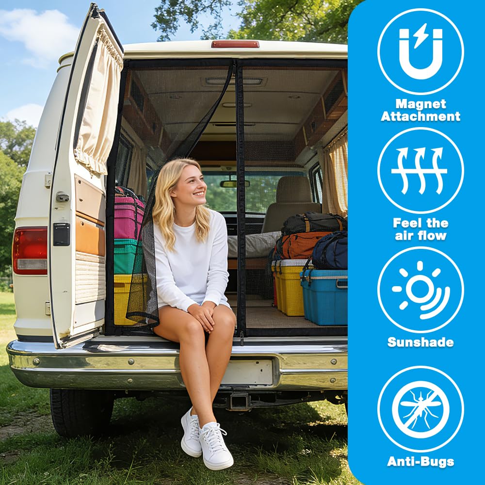 Magnetic Van Bug Nets for VW T5 T6, Magnetic Sliding Door Fly Screen Van, Van Bug Screen Mosquito Net with Central Zipper, Ventilation, Sun Protection, for Camping Travel, 175x150cm — view 6