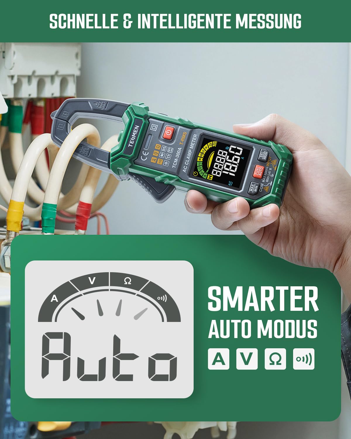 TESMEN TCM-300A Digital Clamp Meter 6000 Counts T-RMS Amperemeter Auto-Ranging Multimeter Voltmeter mit AC-Strom AC/DC Spannung NCV/Live Wire Einschaltstrom Widerstand Diode Temperatur – Grün
