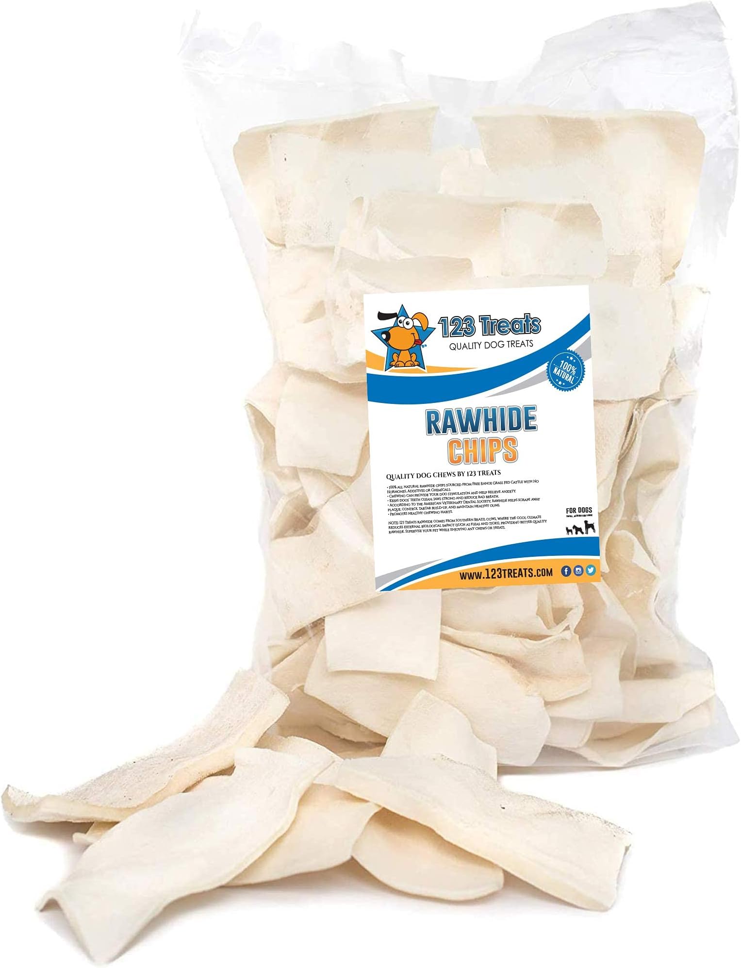 123 Treats Rawhide Chips, Premium Dog Chews from Natural Grass Fed Livestock with No Hormones, Additives or Chemicals, Tasty Long Lasting for Dogs, Improve Oral Health, 2 Lbs