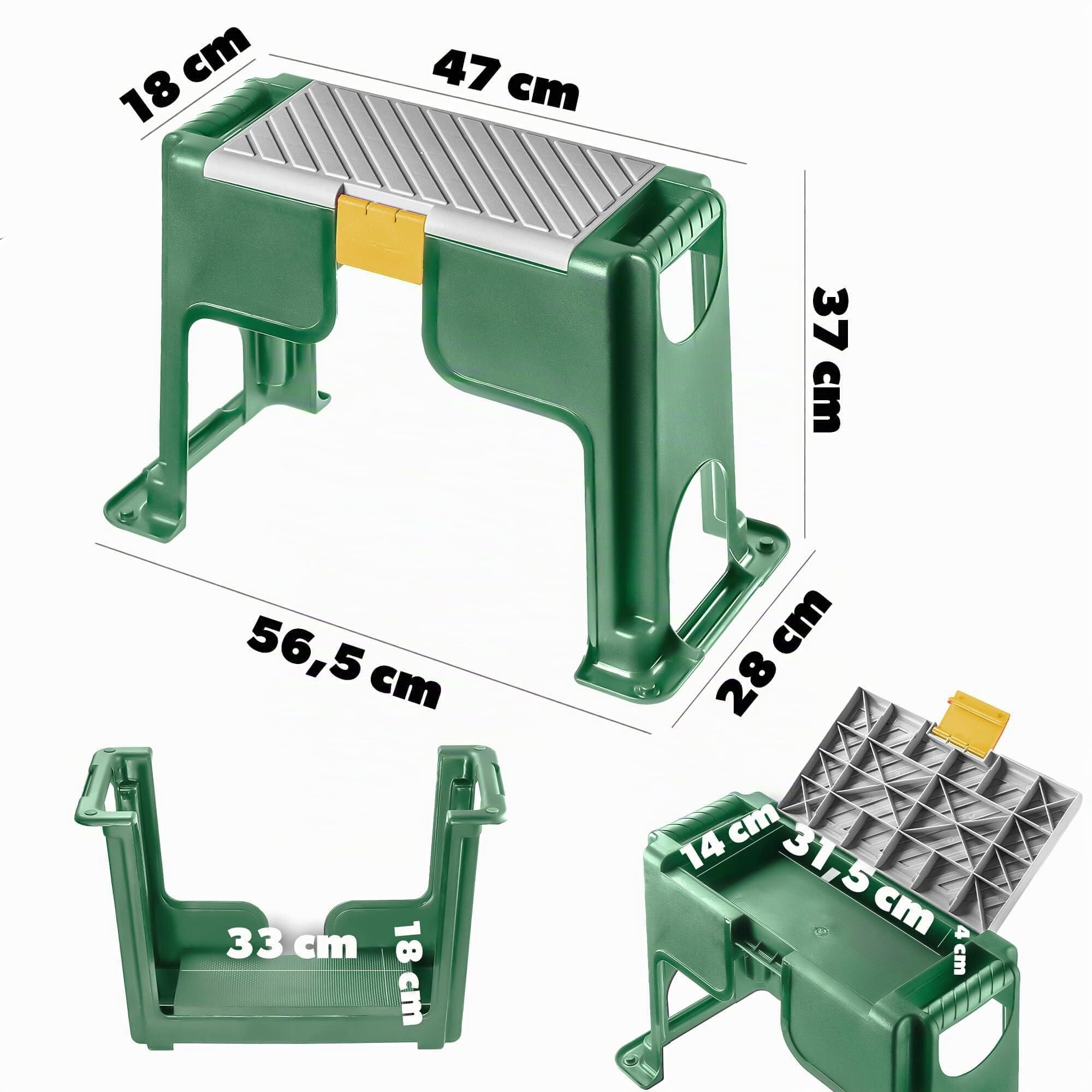 KADAX - Tabouret de jardin, 56,5 x 28 x 37 cm, Agenouilloir pour les travaux de jardin, Tabouret et marchepied 2 en 1 en polypropylène robuste, Tabouret de travail stable pour le jardin (Vert)