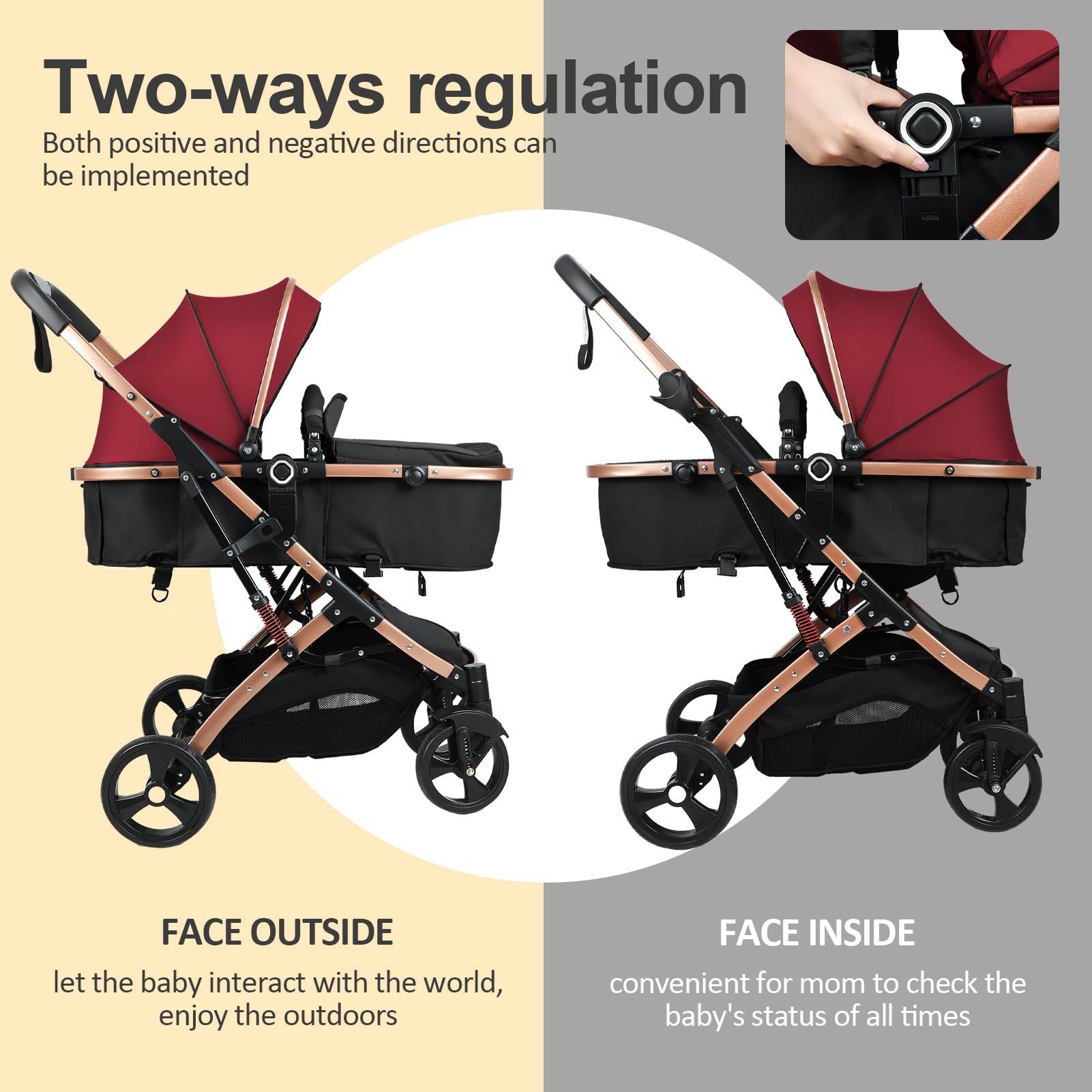 Poussette bébé 2 en 1 avec nacelle réversible, pliable à une main, naissance 0-36 mois, dossier réglable, capote ajustable, siège bébé haut, amortissement, harnais 5 points Vin rouge