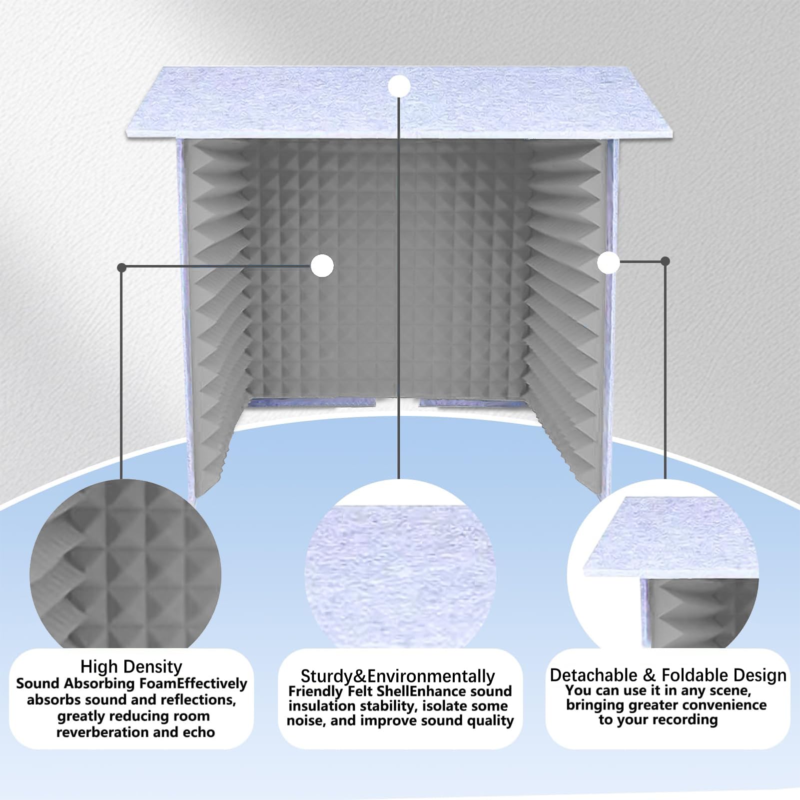 Budka dźwiękowa na biurko, kwadratowa akustyczna osłona izolatu z miękkimi diodami LED, nowoczesna składana osłona redukująca hałas, do podcastów, lektora, śpiewu, 60 cm