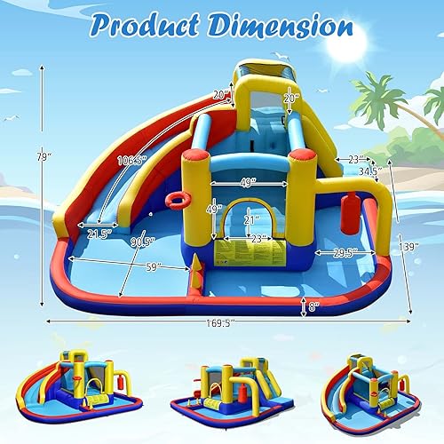 Miniatura 2 de BOUNTECH Castillo inflable para tobogán acuático, castillo de salto de parque acuático 6 en 1 para niños con 2 piscinas de salpicaduras, anillo de