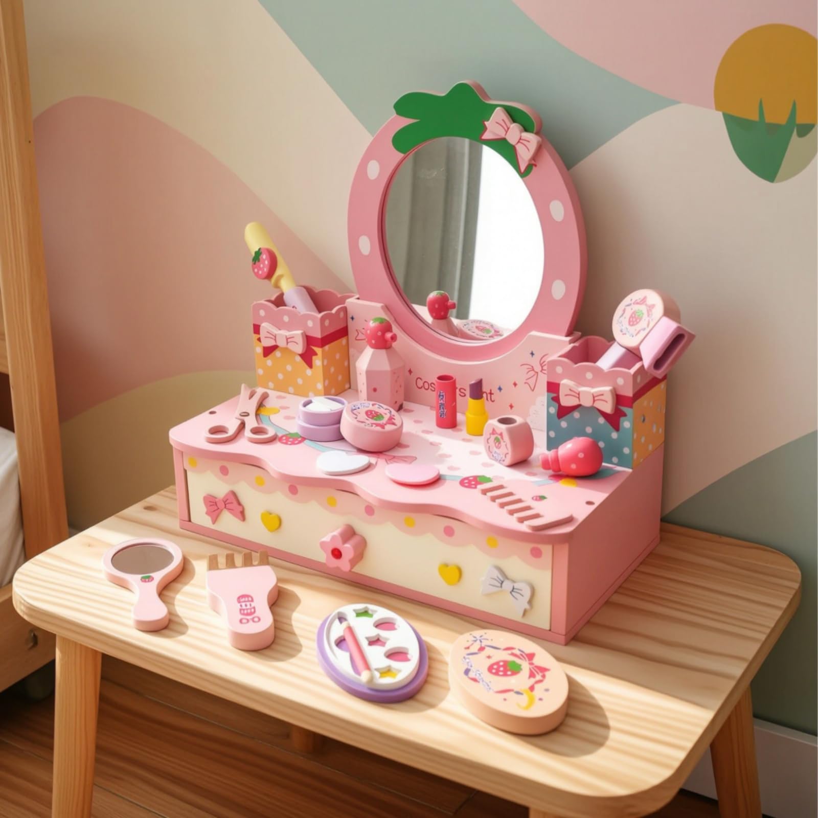 Tocador de Juego Infantil Tocador de Juguete Mesa de Maquillaje Espejo Almacenaje con Cajones Madera Robusta Tamaño de Habilidades Finas y