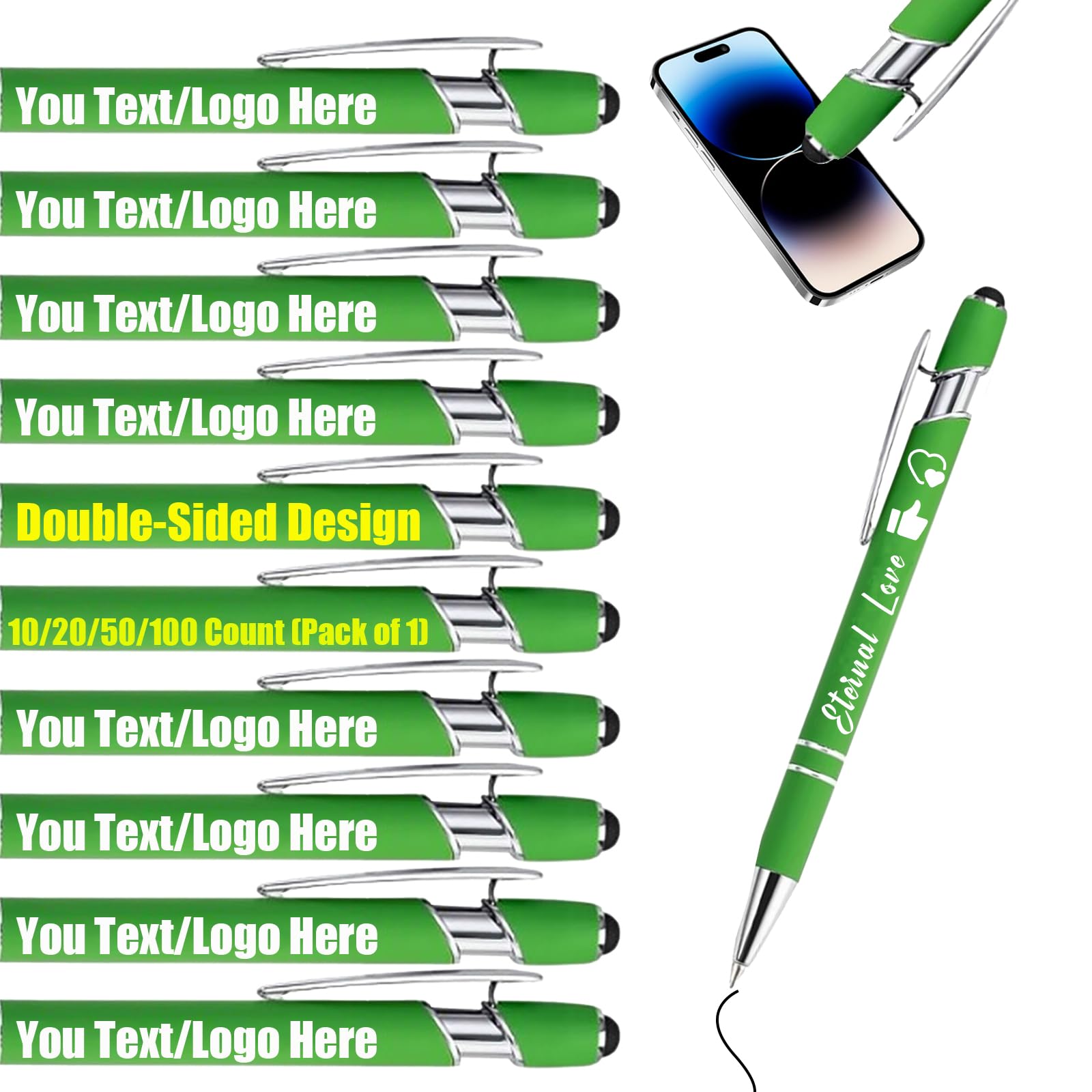 Personalised Gel Ink Rollerball Pens Bulk, Retractable Ballpoint Pens, Customised Laser Engraved Stylus with Name,Text,Logo Metal Ballpoint Pen Gift for Office Business School Green 10 PC — image 1