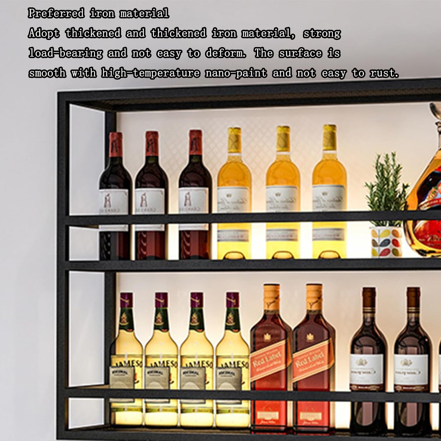 Industrial Iron Wall Mounted Wine Rack - Large LED Bottle & Glass Holder Metal Wine Shelf for Kitchen Bar Cafe & Home Decor. Stylish Hanging Wine Storage Solution.