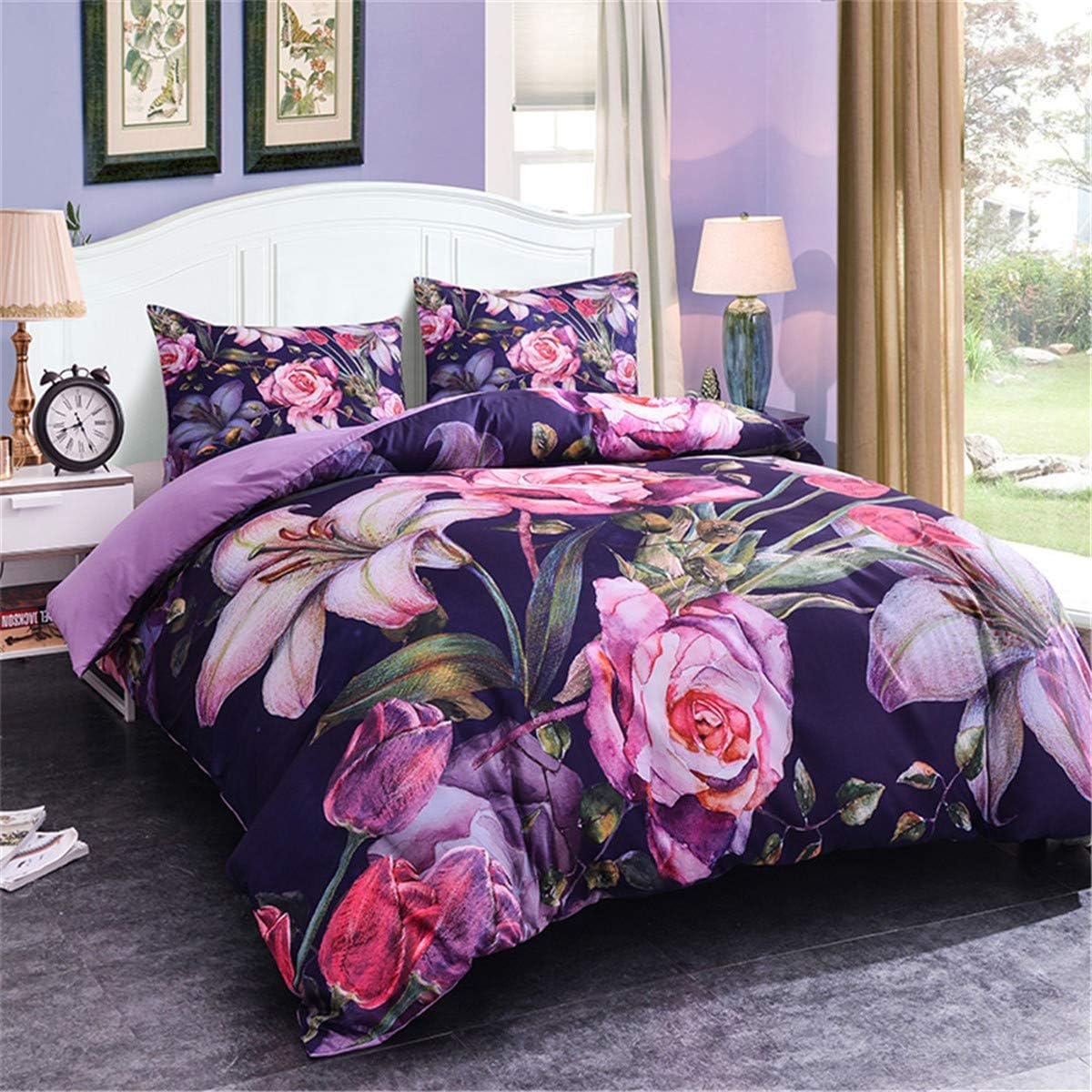 ZEIMON 3D Floral Duvet Cover Sets Flower Bedding Sets Polyester Comforter Cover Sets for All Season (Style 37,King)
