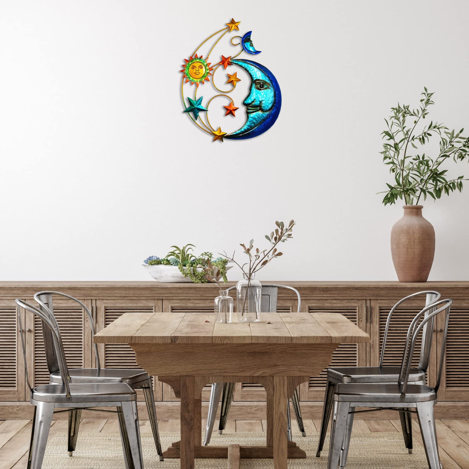 Décoration murale d'extérieur en métal de 43,2 cm, sculpture murale en métal avec lune et étoiles pour décoration murale d'intérieur, salon, chambre à coucher, cour, patio, jardin, clôture, terrasse,
