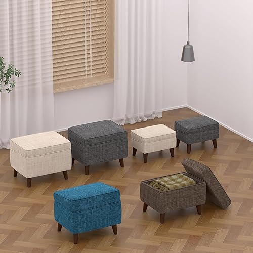 Vista 5 de Otomanas con Almacenamiento con Funda Ajustable, BOGO, Taburete de Paso Suave, Reposapiés y Asiento, Juego de Reposapiés para Sala de Estar, Azul
