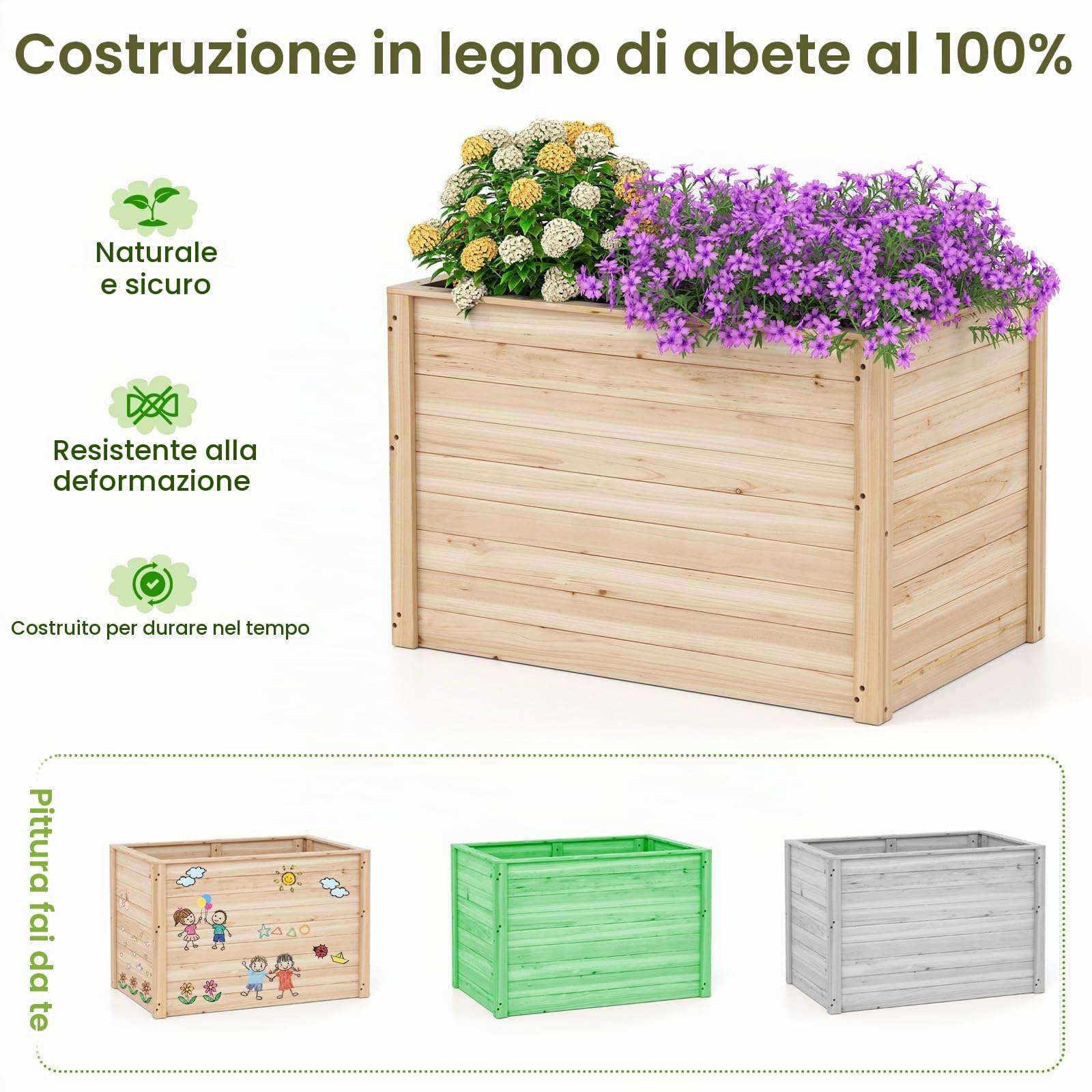 HOMASIS Vaso Rettangolare in Legno di Abete, Orto Rialzato da Esterno con Base Aperta, Fioriera Rialzata da Giardino, Balcone o Terrazza per Fiori, Erbe, Frutta e Verdura, 100 x 64 x 65,5 cm, Naturale