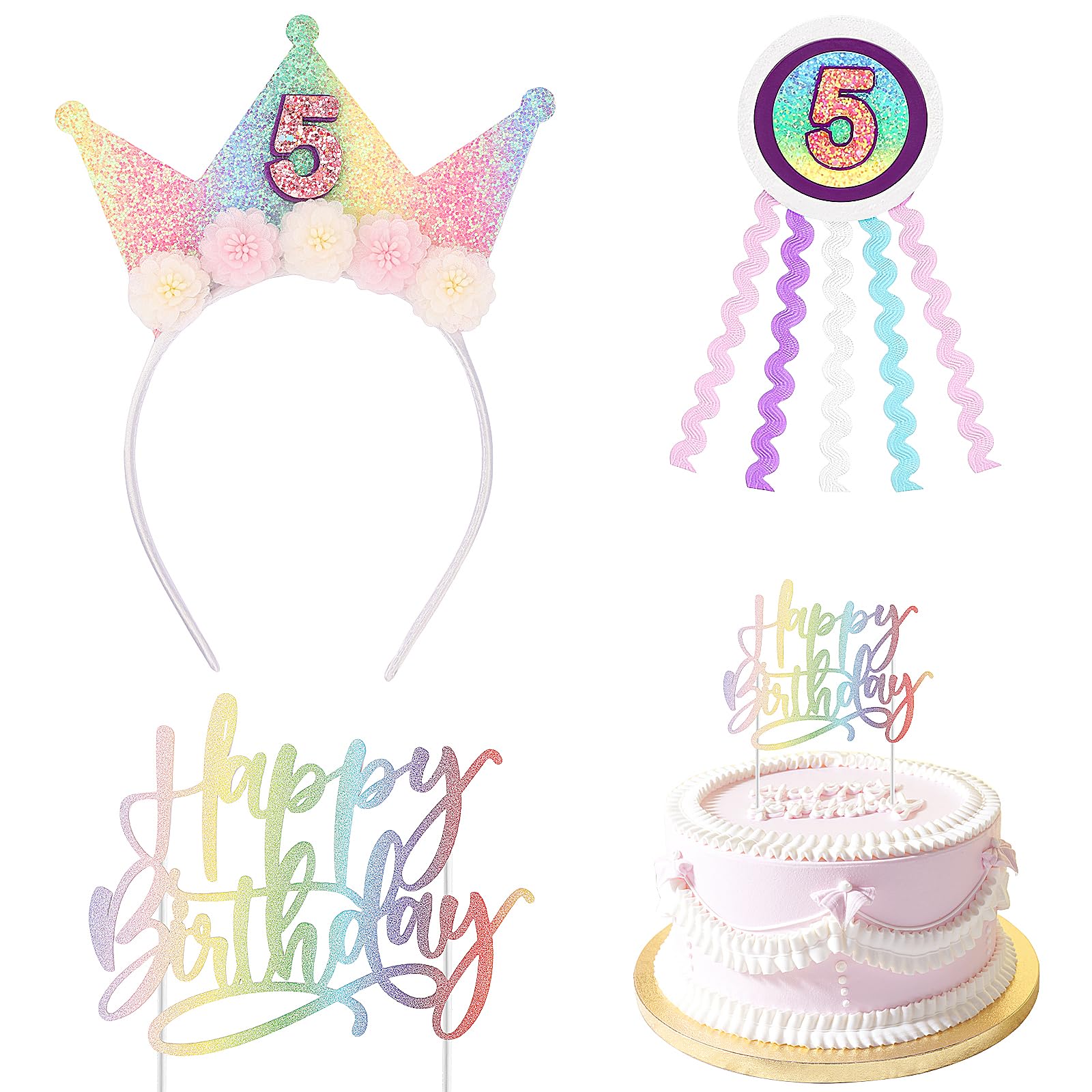 5th Birthday Headband and Badge, Rainbow Crown Headband, Badge, Cake Topper Set Princess Birthdays Party Accessories Glitter Birthday Accessories for 5 Year Old Girl