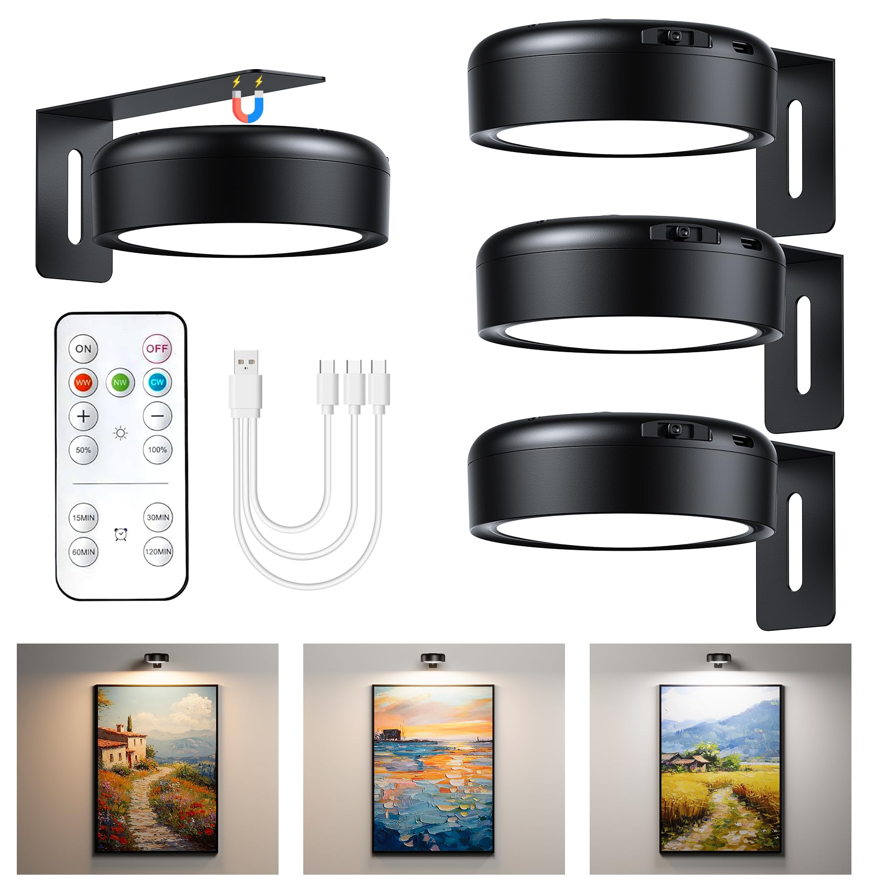 EZVALO Draadloze Led Beeldverlichting Met Afstandsbediening, 2400 mAh, 3 Kleurtemperaturen, Traploos Dimbaar, Magnetische Wandlamp Voor Schilderijen, Foto (1, Goud