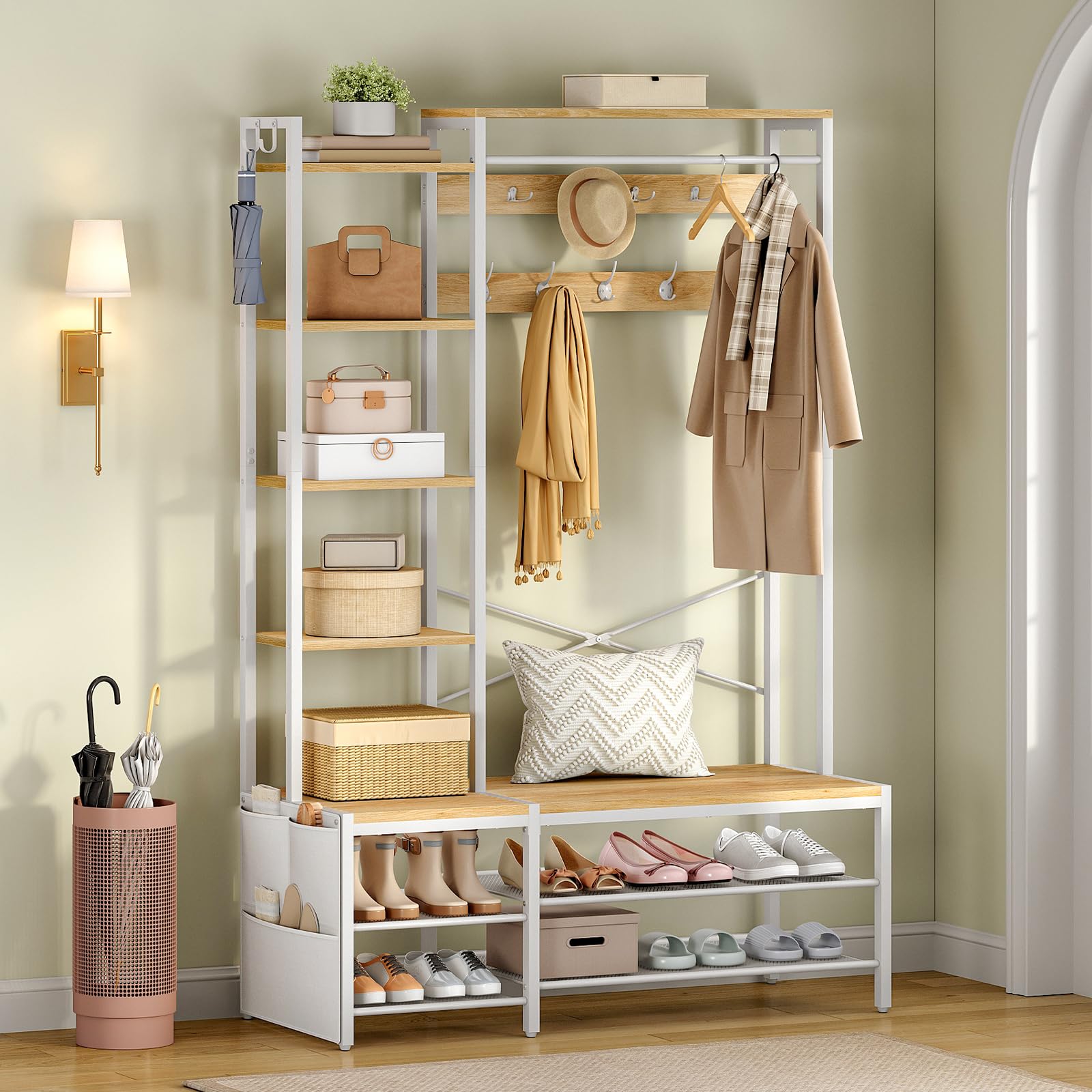 HOOBRO Garderobenständer, Garderobe mit Schuhregal und Sitzbank, 9 Doppelhaken, 2 Seitenhaken, 5 Ablagen und Seitentasche, für Flur, Schlafzimmer, Wohnzimmer