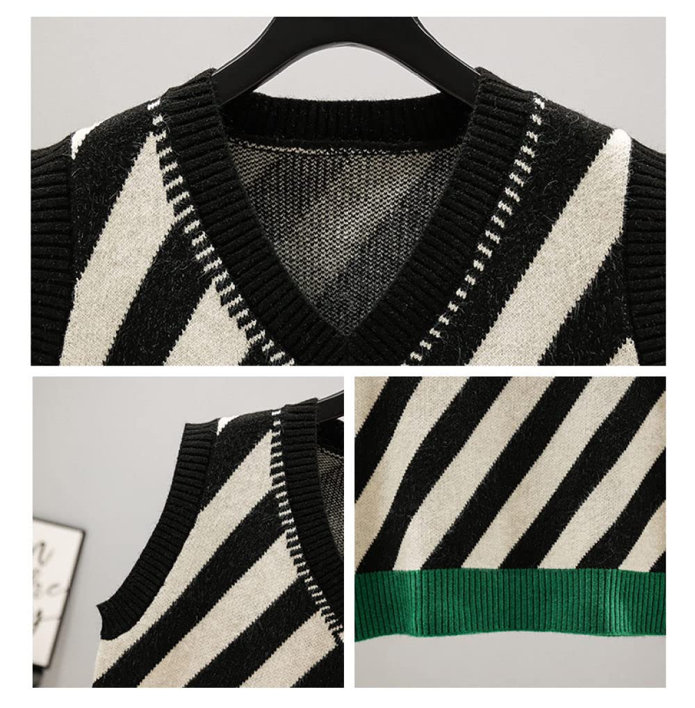 Ärmellose Strickweste Damen,Damen V-Ausschnitt Pullover Weste Retro Schwarz Diagonale Streifen Kurze Mode Ärmellos Strickwesten Weste Preppy Style Jumper Uniform Tank Top