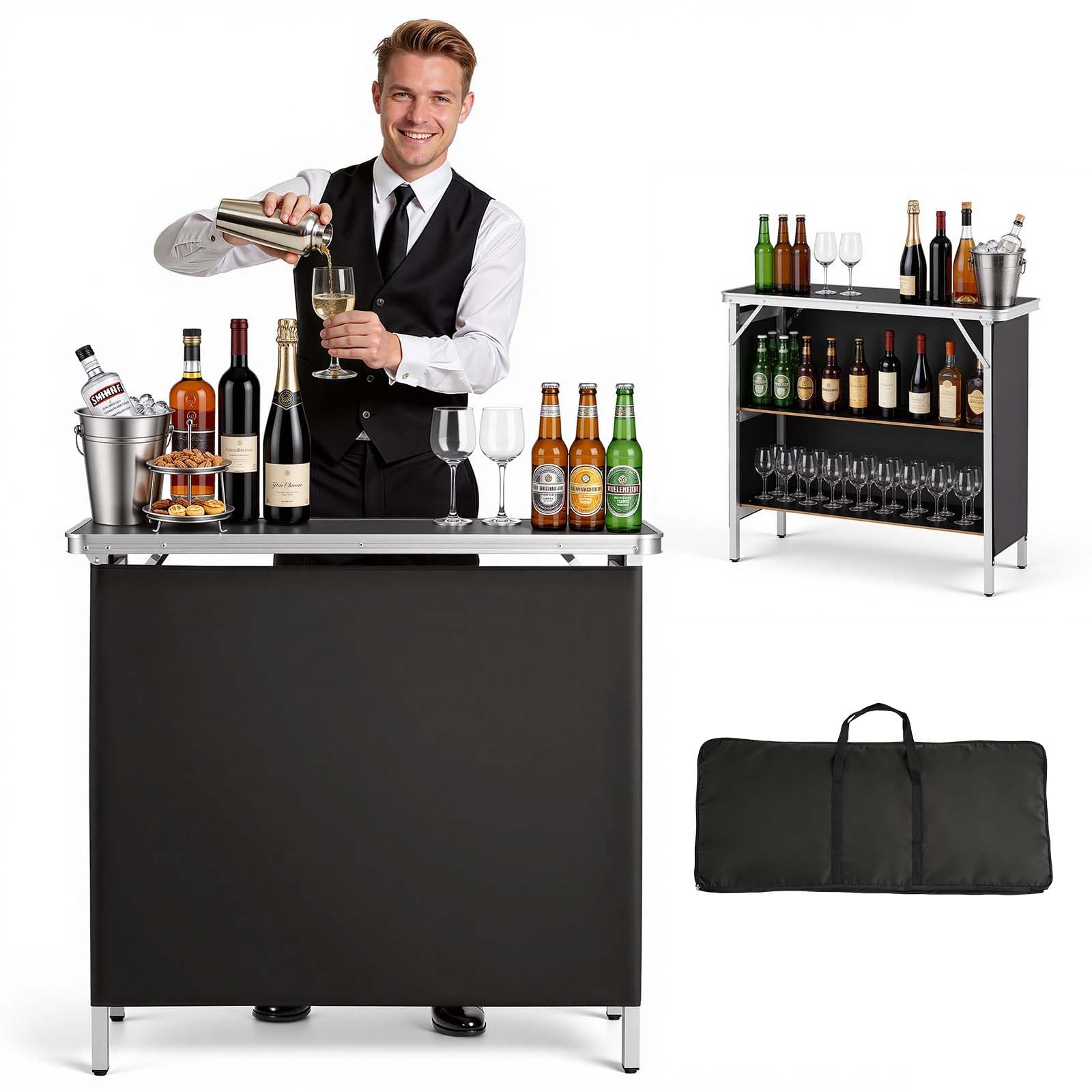 VEVOR Tavolo da Bar Pieghevole e Portatile, Bancone Smontabile 980 x 385 x 870 mm, con Borsa per Trasporto, Ripiano Portaoggetti e Tela Rimovibile, Postazione Bar per Mercatini Eventi Feste e Fiere