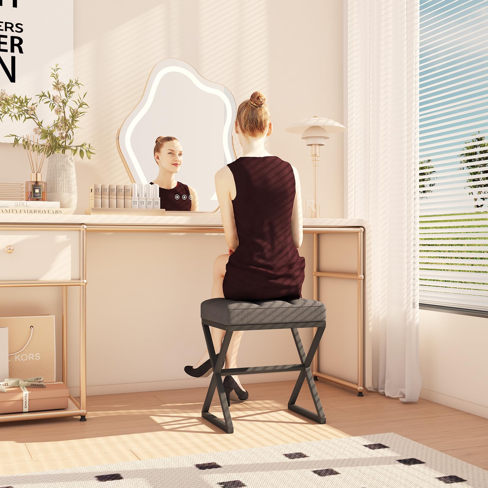 YMYNY Pouf Sgabello per Trucco, Poggiapiedi per Piedi, Sgabello con Seduta in Lino, Ottomano per Trucco con Gambe in Metallo a Forma di X', per Vanità Soggiorno Ingresso 40×30×46CM Grigio HBD033G