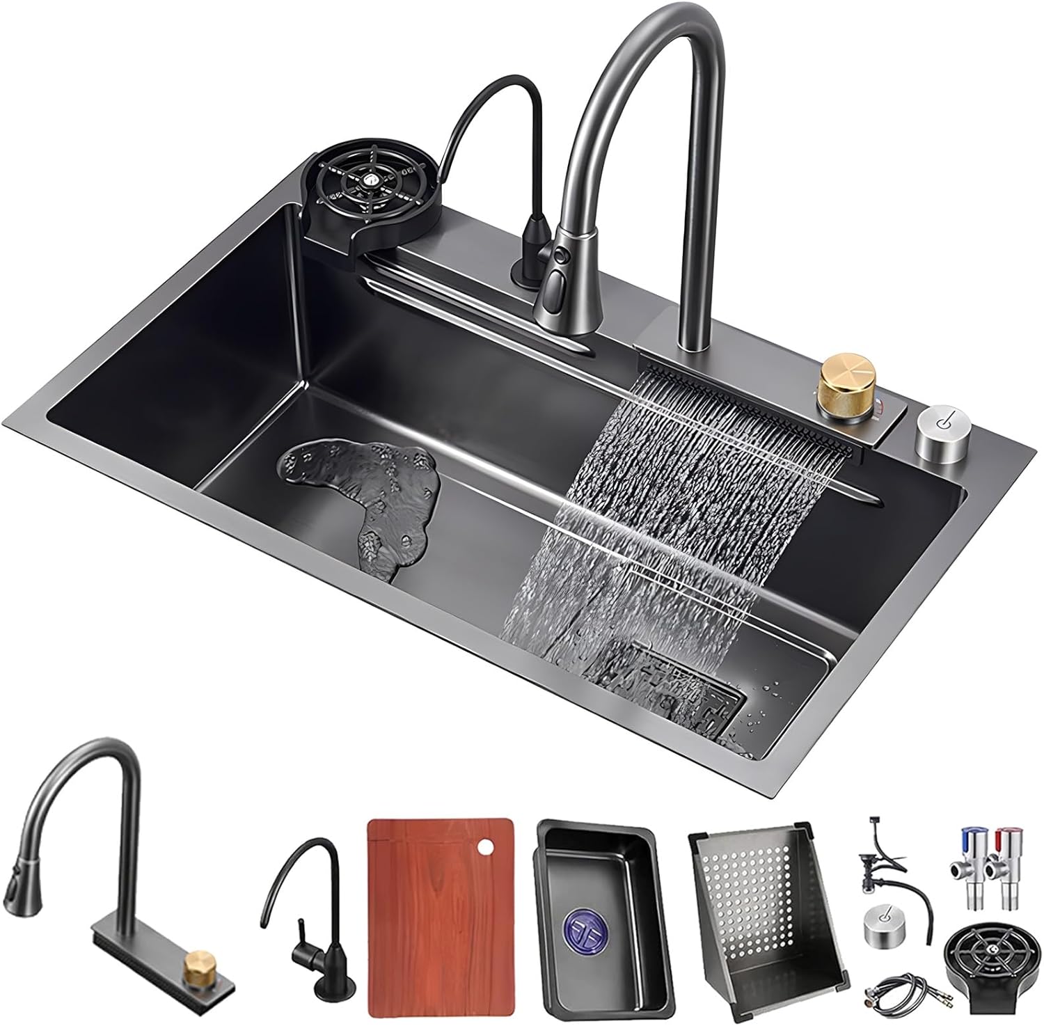 DSMRLEOP ブラックの高級ウォーターフォールシンク、ステンレススチール製キッチンシンク、多機能ワークシンク、大型シングルボウル