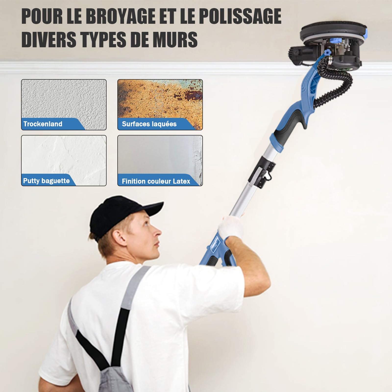 Levigatrice Giraffa 750 W professionale con sistema di vuoto automatico e luce LED, Levigatrice da parete e soffitto telescopico, diametro 215 mm, 7 velocità 900-1800 giri/min (blu)