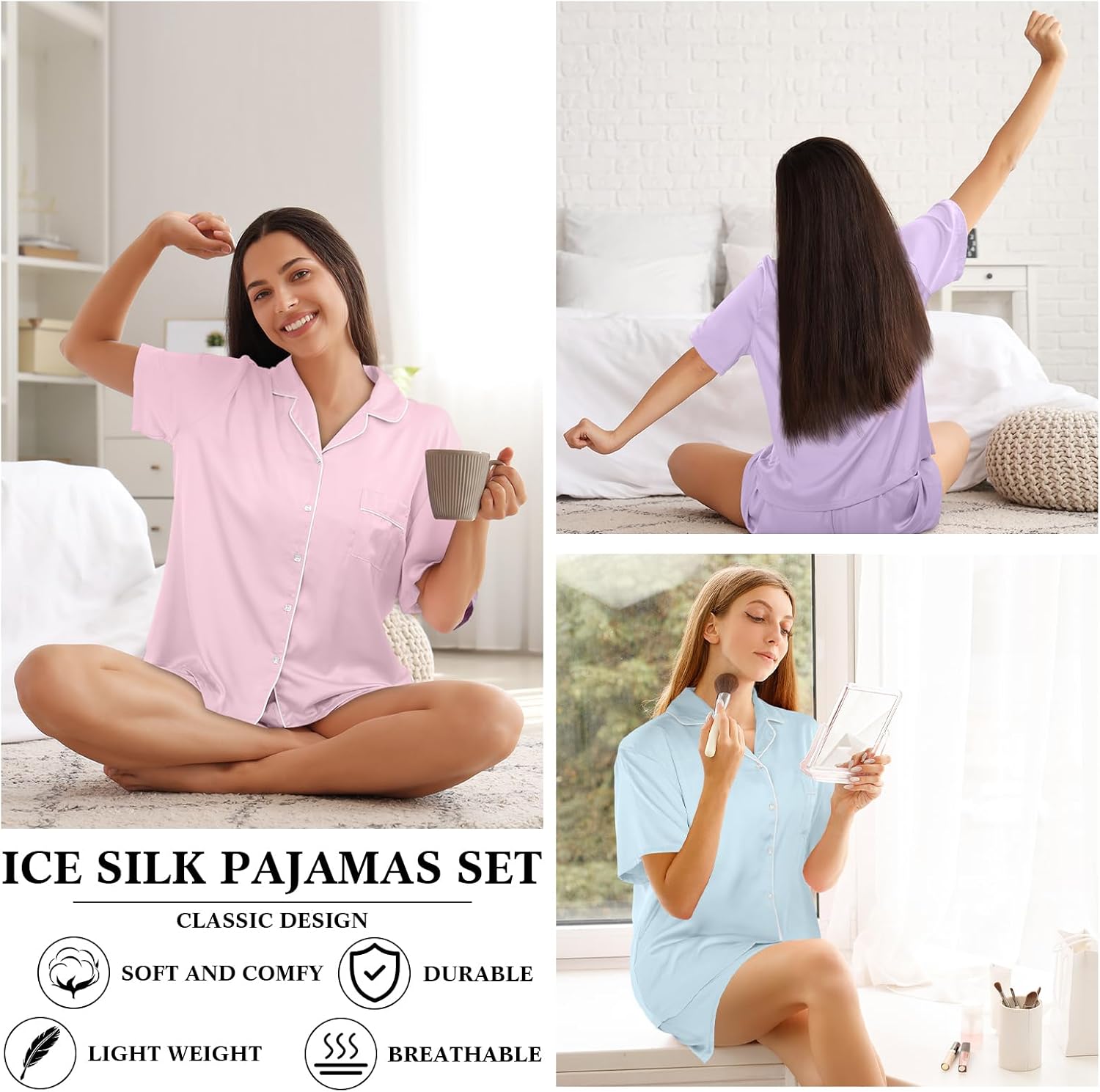 3 Set Women's Silk Pajamas Satin Button Short Sleeve Pjs for Bachelorette Party Bride Bridesmaid Get Ready Outfit - Image 6
