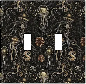 Decorative Switch Plate Covers Black Gold Jellyfish Squid Deep Sea Creatures 2 Gang Light Switch Cover Plate Unique Double Toggle Wall Plate Outlet Covers for Bedroom Home Decor