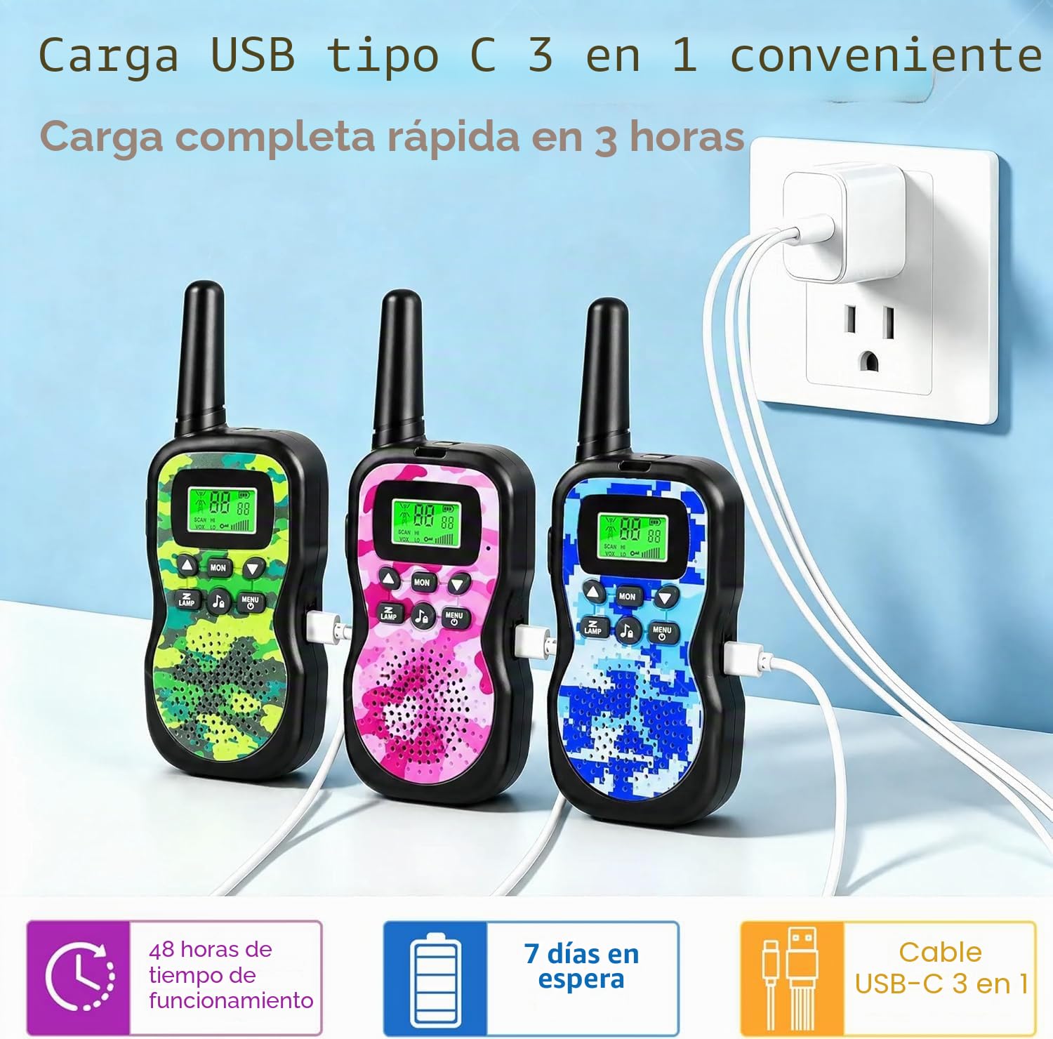 JUAUO Walkie Talkie Niños Recargable, 48 Horas de Tiempo de Trabajo, Alcance de 3 km, con VOX/Linterna/8 Canales, Regalos de Cumpleaños Juguetes al Aire Libre para niños de 3-12 años, 3 Unidades