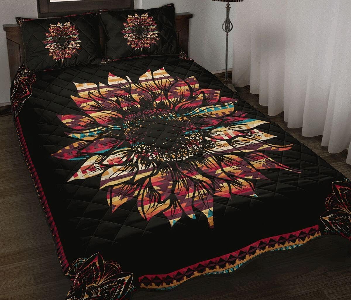Native American Pattern Sunflower Quilts Bed Set Bedding Set 3 Piece Quilt Cover with Pillowcase Cover Soft Comfortable for Kids Parents Us Single Throw Twin Queen King Super King Size