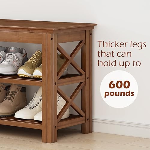 Miniatura 6 de Bamworld Zapatero con almacenamiento de 3 niveles, banco de zapatos de bambú para entrada, banco de entrada de madera maciza rústica (marrón XL,