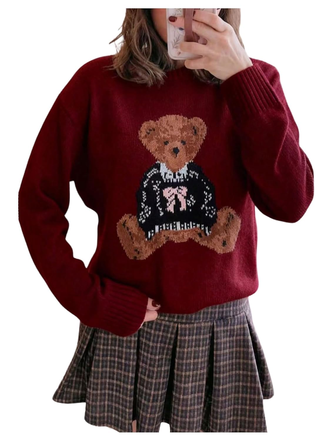 GORGLITTER Womens Cute Bear Graphic Sweater Oversized Cozy Long Sleeve Crew Neck Knit Fall Sweaters Trendy 2025