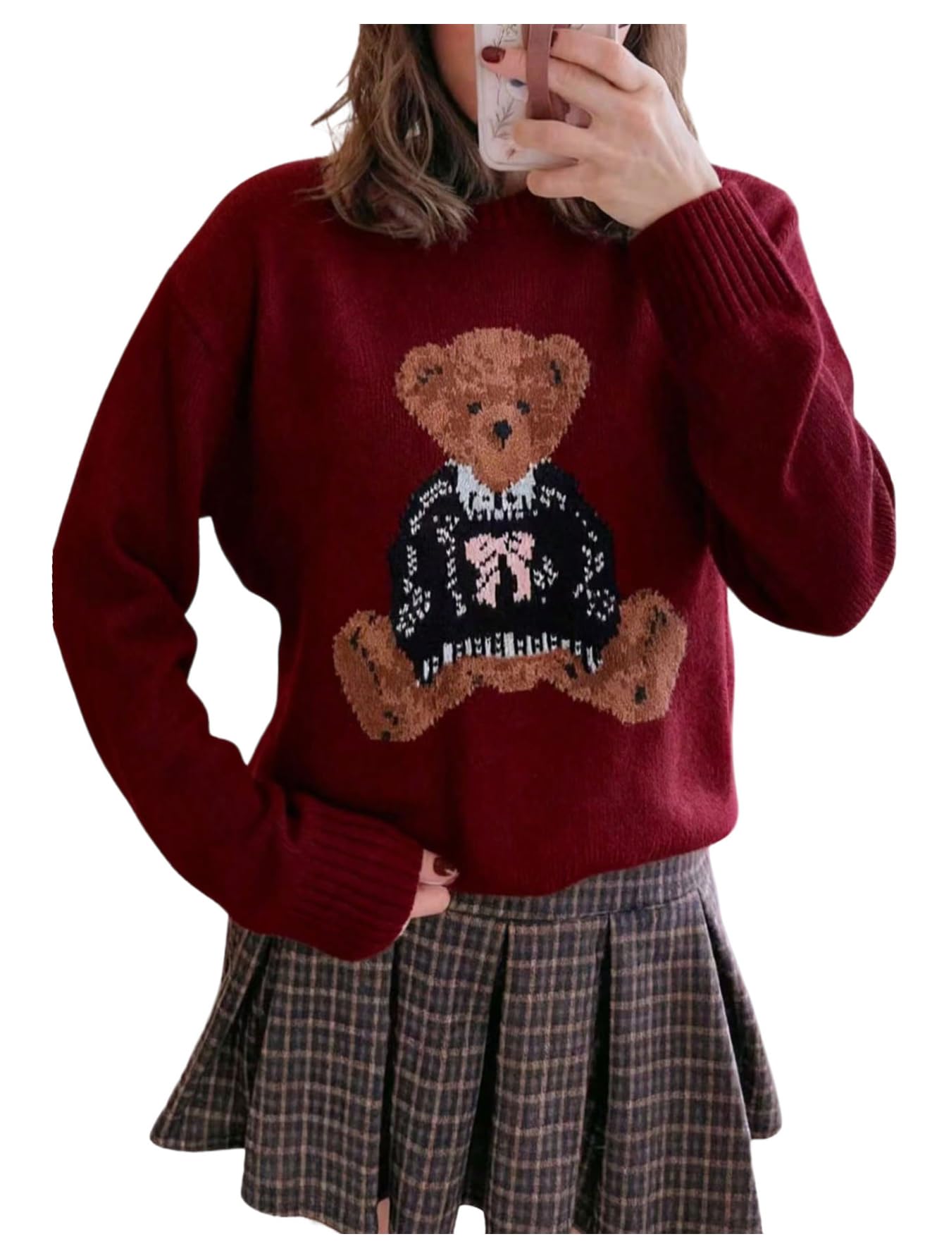 GORGLITTER Womens Cute Bear Graphic Sweater Oversized Cozy Long Sleeve Crew Neck Knit Fall Sweaters Trendy 2025