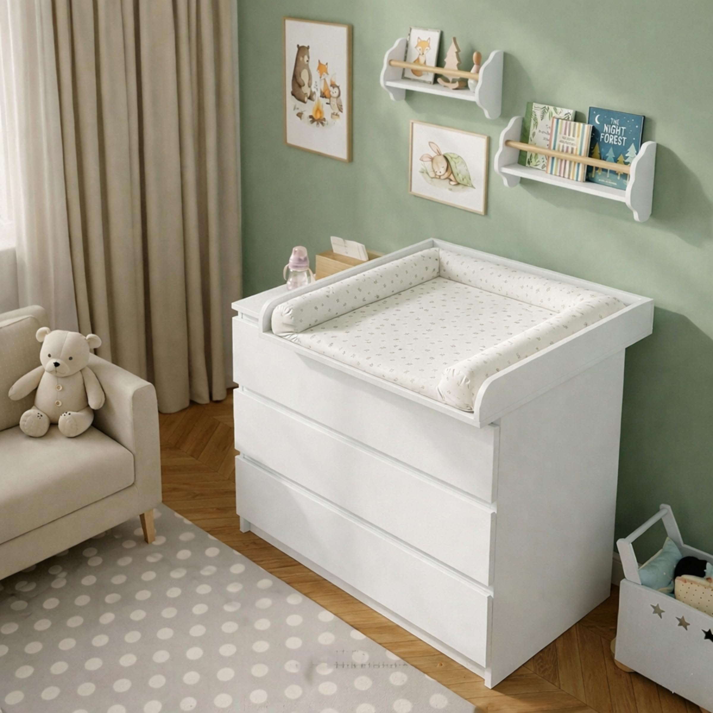 Plan à langer, Côtés arrondis, 53,2 x 70 cm, Blanc | Réglable extensible 34–50 cm, Table à langer bébé, Bords surélevés