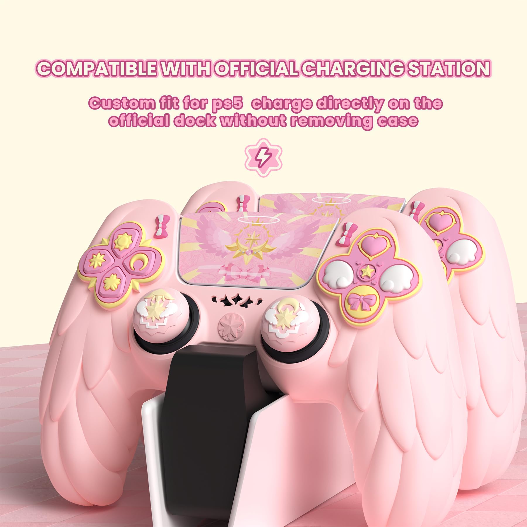 PlayVital Funda de Silicona Protectora para ps5 Mando - Carcasa Suave Antideslizante con Tapas para Joysticks y Pegatinas, Compatible con Base de Carga - Serie Magic Wings (Rosa)