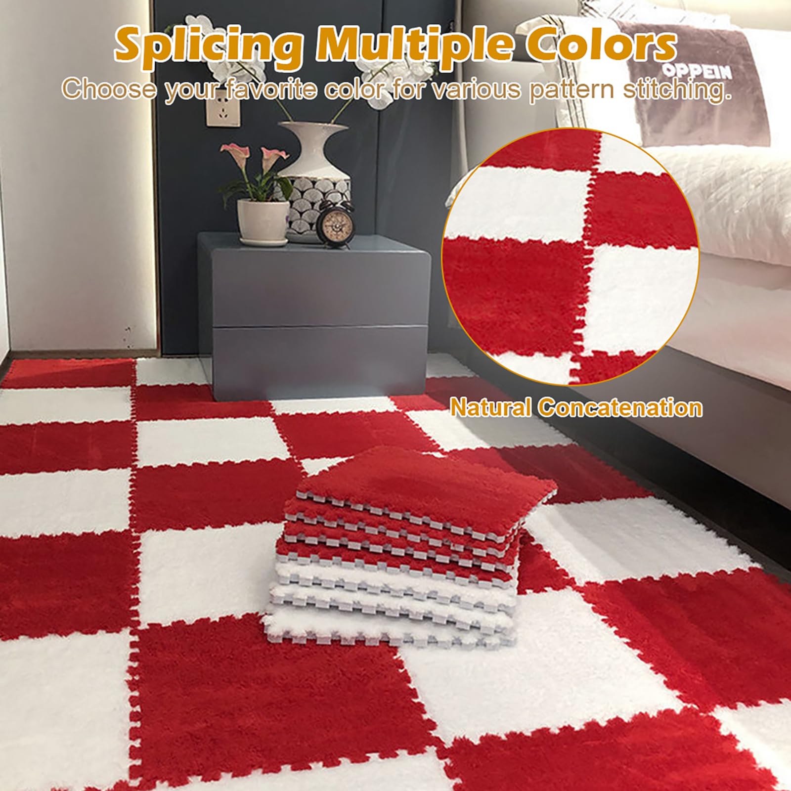 12 Pezzi Tappeto Puzzle in EVA, Tappeti Puzzle in Peluche Interconnessi, 30x30cm Tappeto Gioco Antiscivolo per Camera da Letto, Soggiorno e Cameretta Bambini (Rosso)