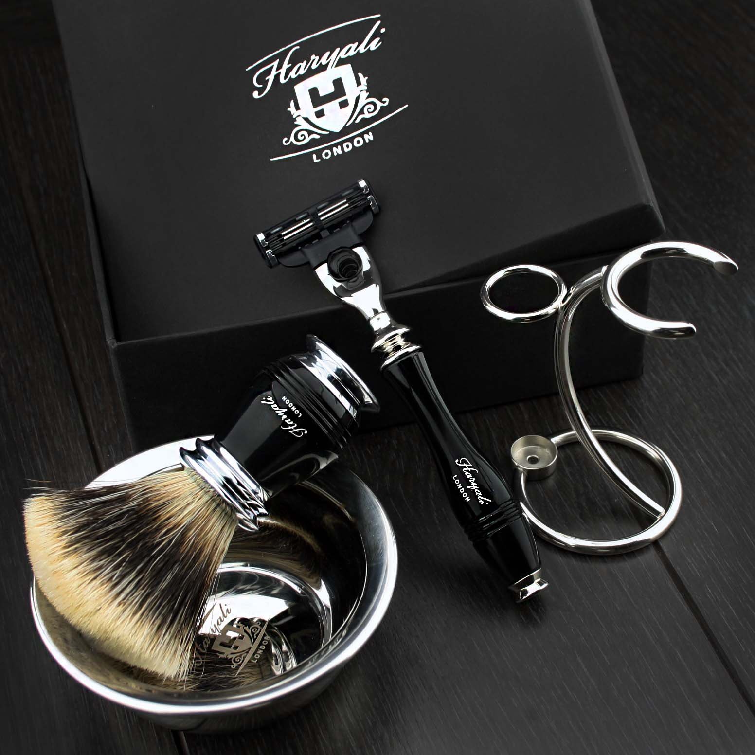 Haryali London 4 Pc Mens Shaving Kit 3 Edge Razor With Silver Tip Badger Hair Shaving Brush, Stand and Stainless Steel Bowl Perfect Set For Men