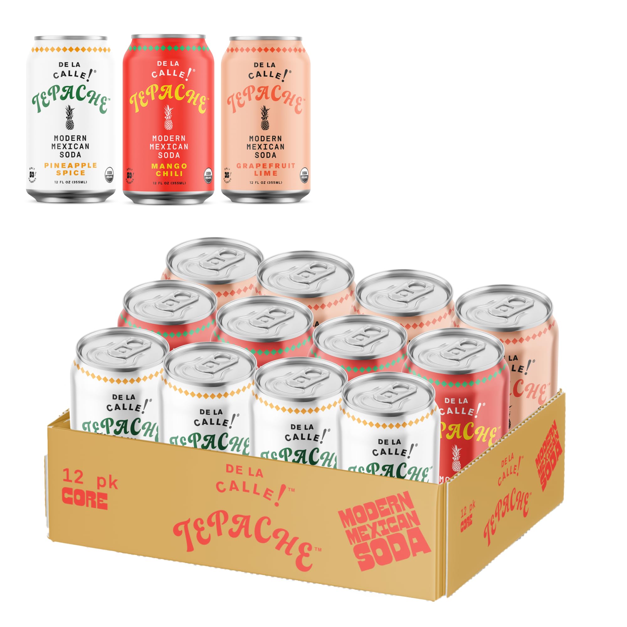 De La Calle Tepache - Naturally Fermented Pineapple Beverage, Antioxidant Rich, Certified Organic, Fermented, Low Sugar (Core Variety Pack) - Sparkling Juice - 12-Pack