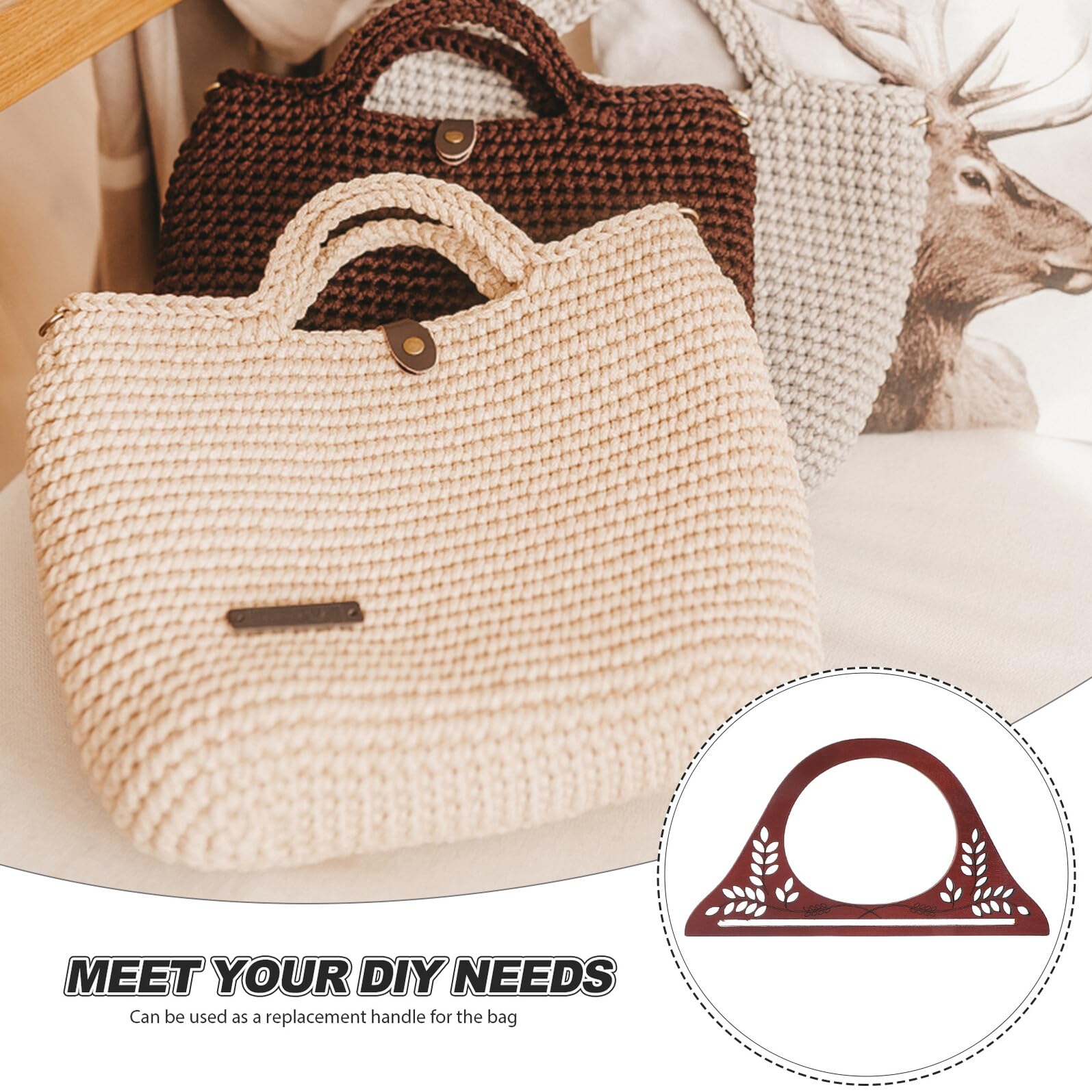 Asas de Madera Forma D para Bolsos de Crochet y Lona Mango Artesanal Grabado Tallado Pack 4 Unidades 2 Café 2 Beige Claro para DIY y Repuesto de Asas de Bolsos