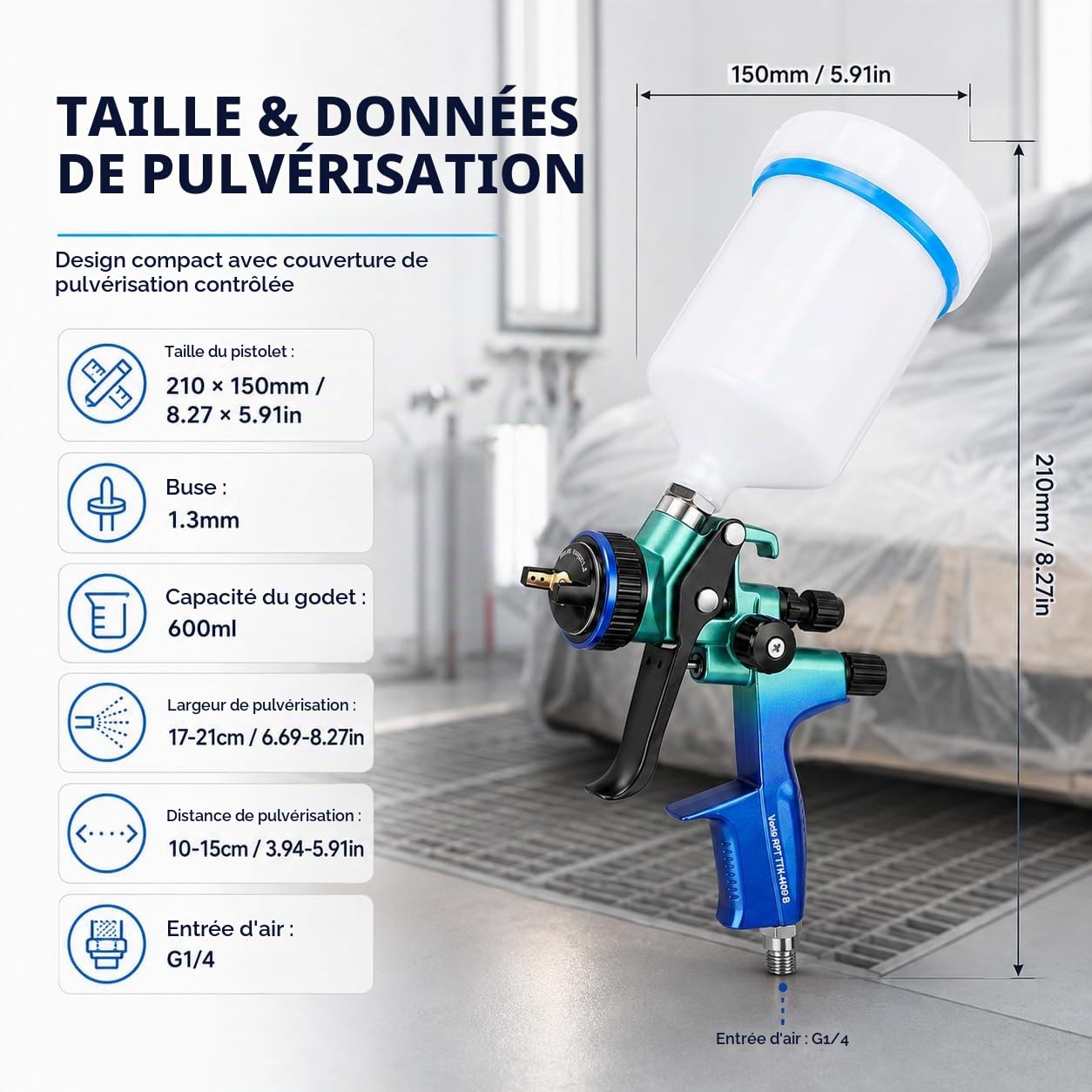 HVLP Pistolet à Peinture Pneumatique, 1,3mm Pistolet Peinture Carrosserie | 600ml Pistolet Peinture Air Comprimé PulvéRisateurs De Peinture, Avec Largeur De PulvéRisation 17-21cm Pour Murs, Automobile