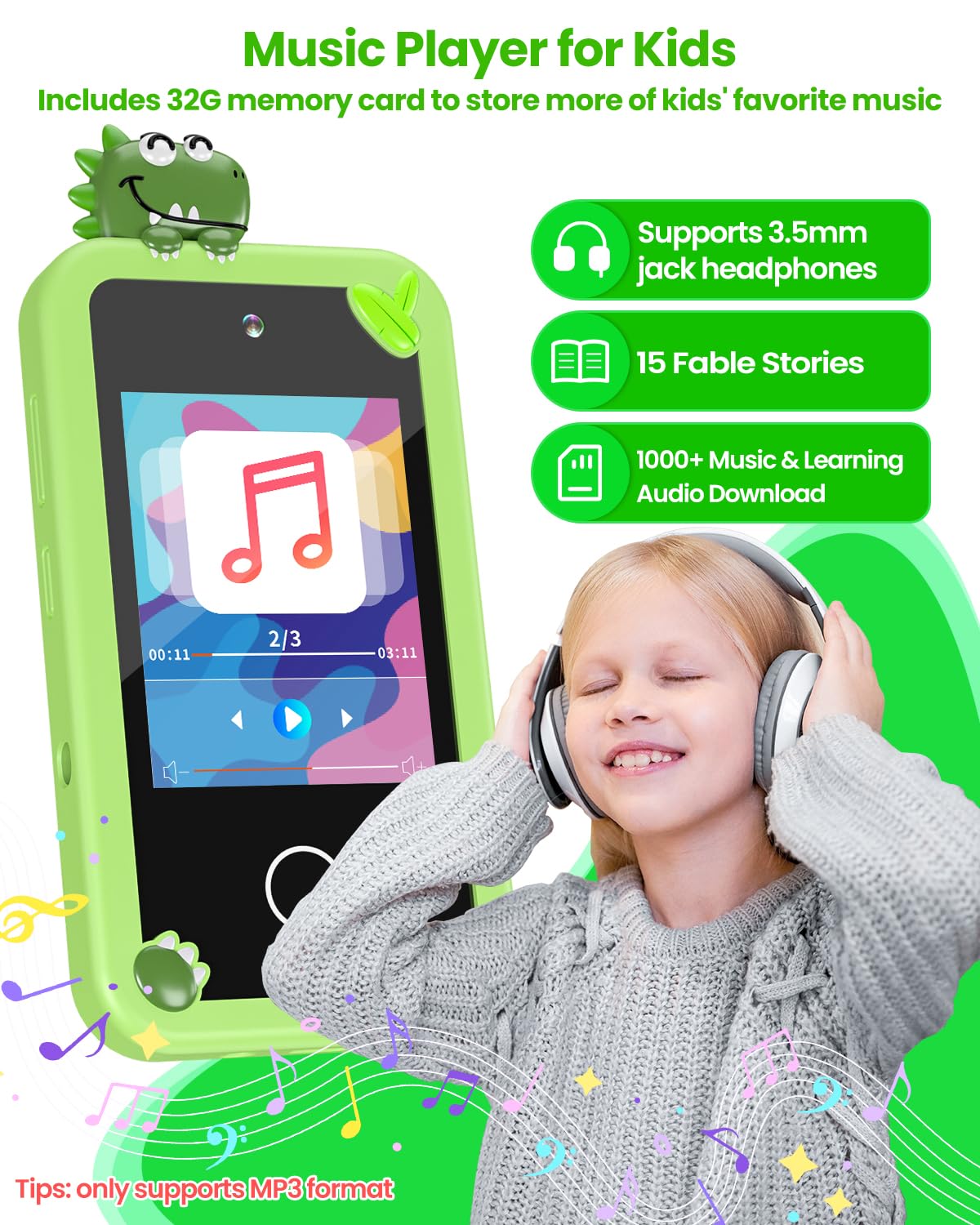 Kids Smart Phone for Boys with 32G Card & Holographic Pyramid, Christmas Birthday Gifts for Age 3-10 Kids Toy Cell Phone, 2.8" Touchscreen Toddler Learning Toy, Dual Lens, Music Player(Green Dinosaur) 1