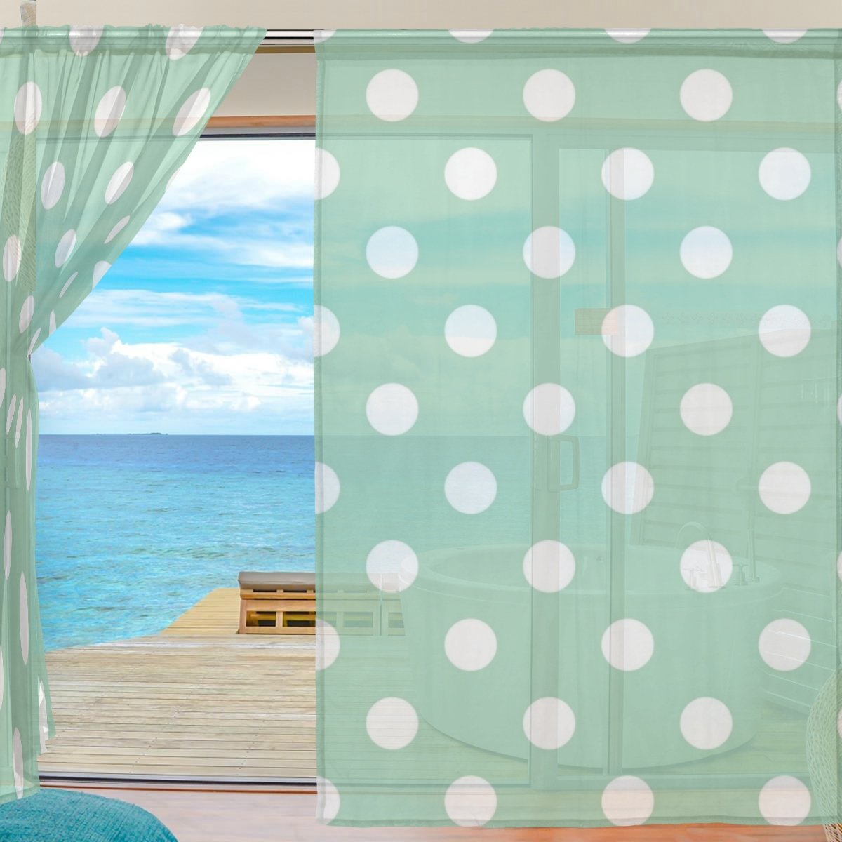 Amazon｜旅立の店 カーテン レースカーテン ドット柄 緑 半遮光