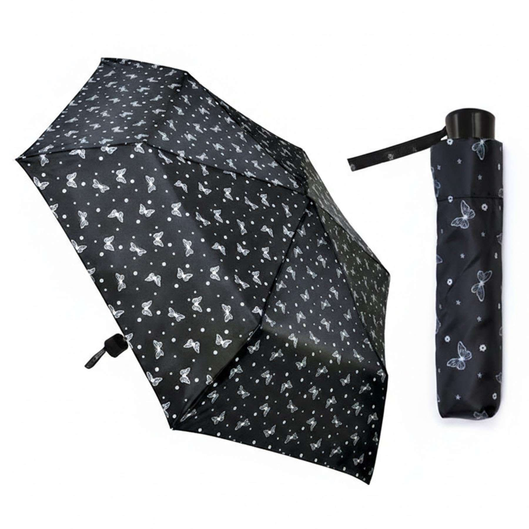 A2Z Ladies Folding Souvenir Umbrella Dachshund Sausage Dog Cow Butterfly Birds Foral APO and Plain Black Lightweight Supermini Travel Brolly - Butterfly Black