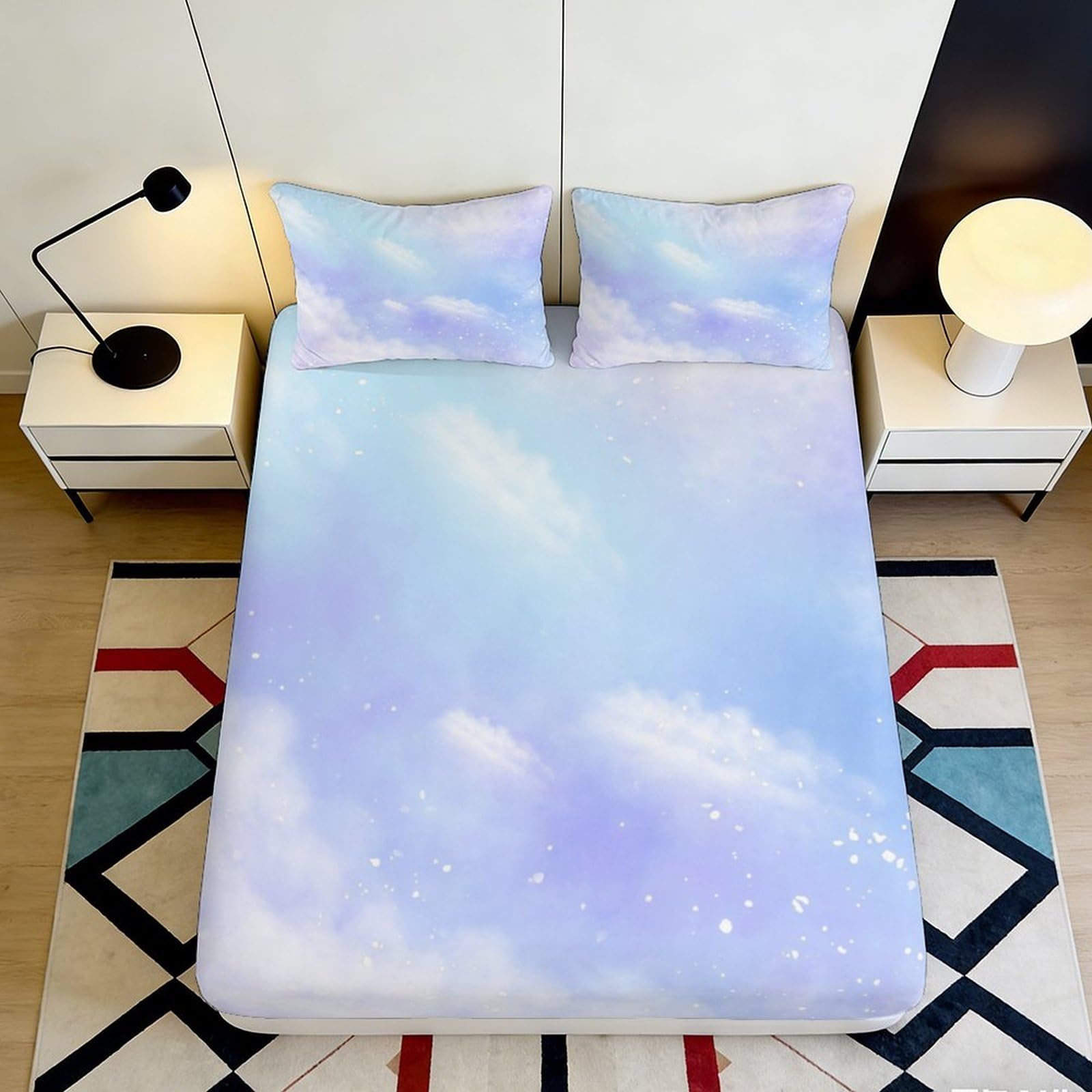 3D Printed Dreamy Cloud Sky Fitted Sheet Microfiber Soft Pastel Blue Mattress Cover Anti-Slip for Bedroom Home Decor 120x200x25cm