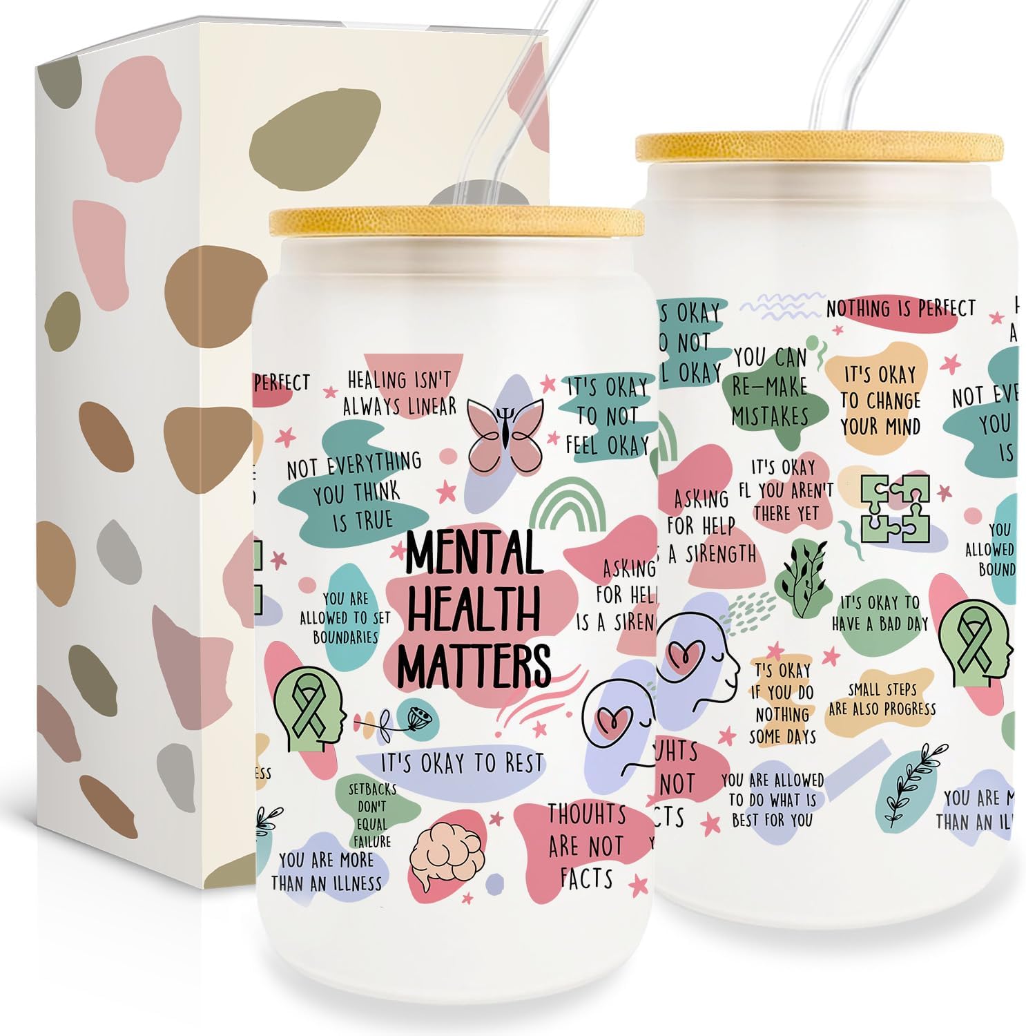 Mental Health Gifts for Women Friends, 16Oz Can Glass Cups with Lid and Straw, Inspirational Affirmations Gift, Sobriety Motivational Gifts for Female Coworker, Birthday Gifts for Women Friendship