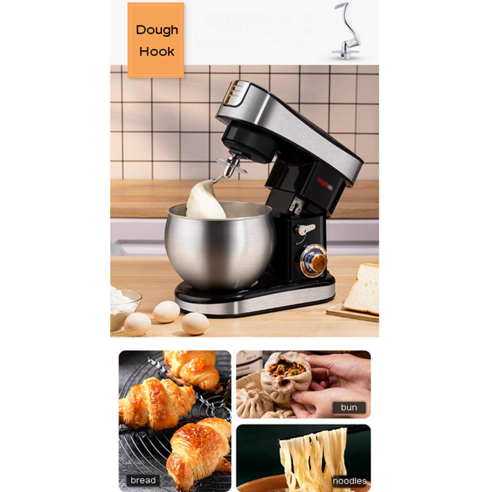 Impastatrice planetaria, planetaria da 6,5 l, 1500 W, 6 velocità, con gancio per impastare, frusta e sbattitore, ciotola per mescolare e tritatutto, impastatrice elettrica da cucina, nera